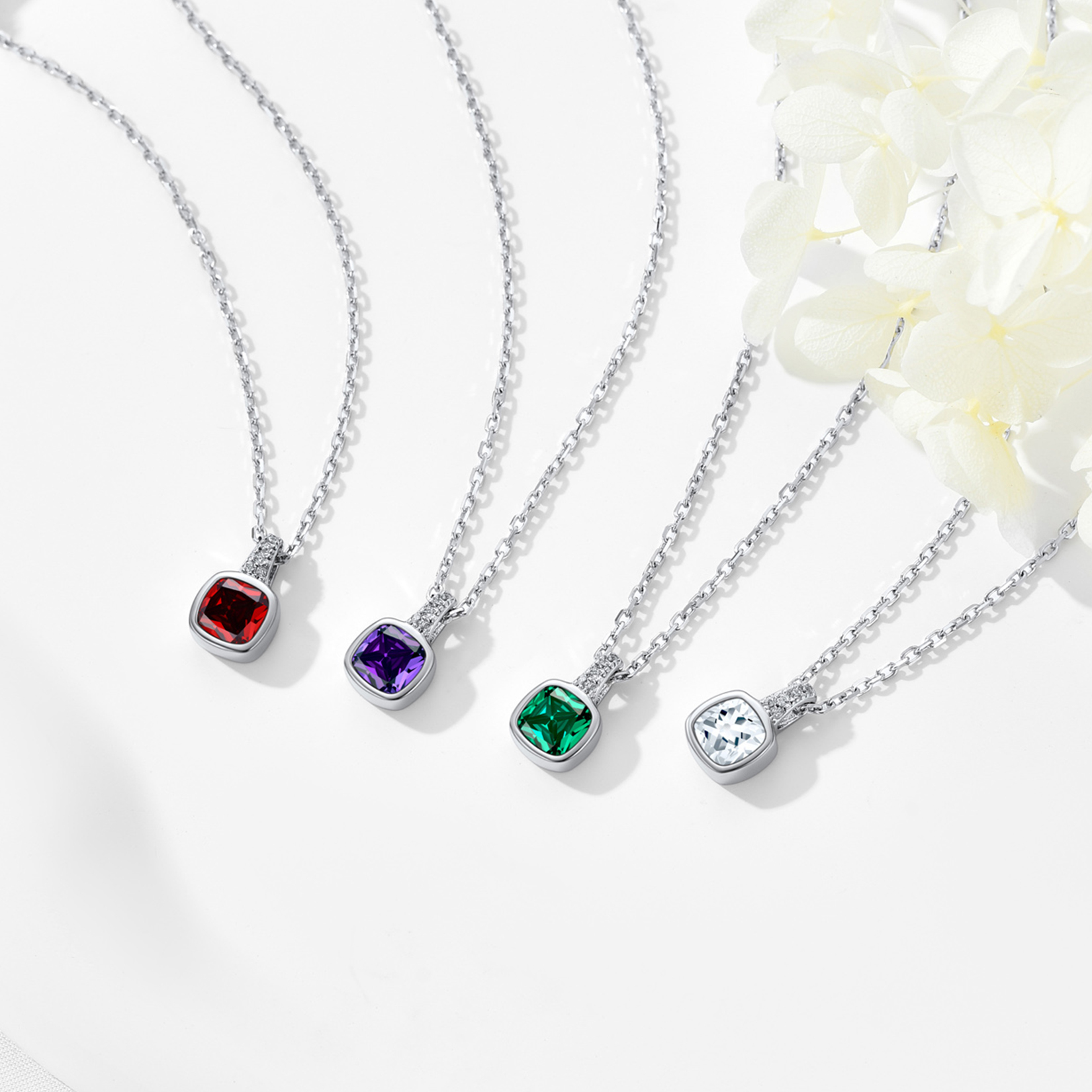 Cushion Cut with Birthstone Necklaces in Different Month Colors-03