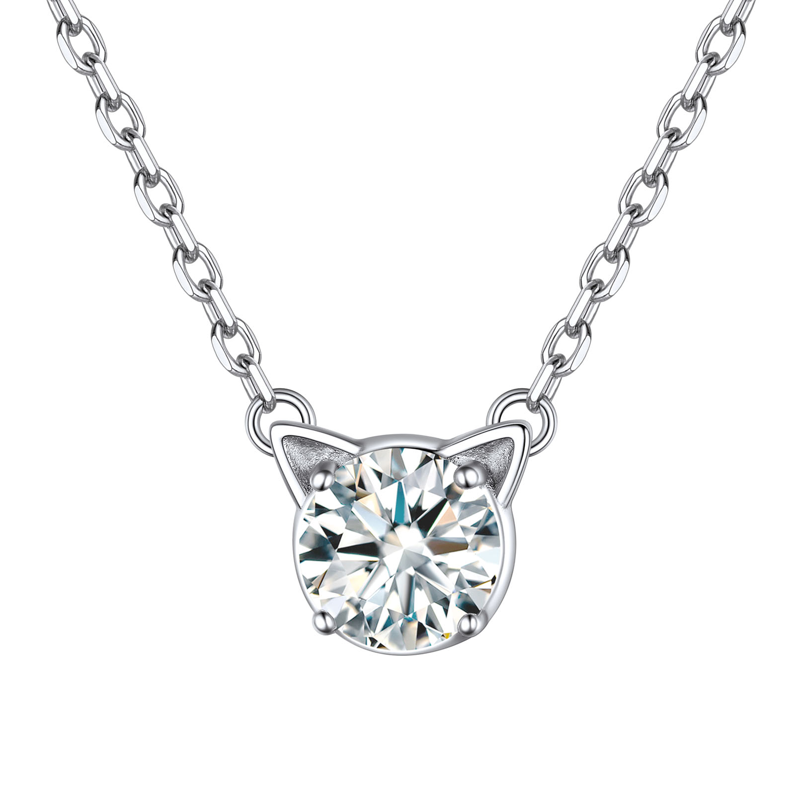 Cute Cat Pendant Birthstone Necklace in Diamond