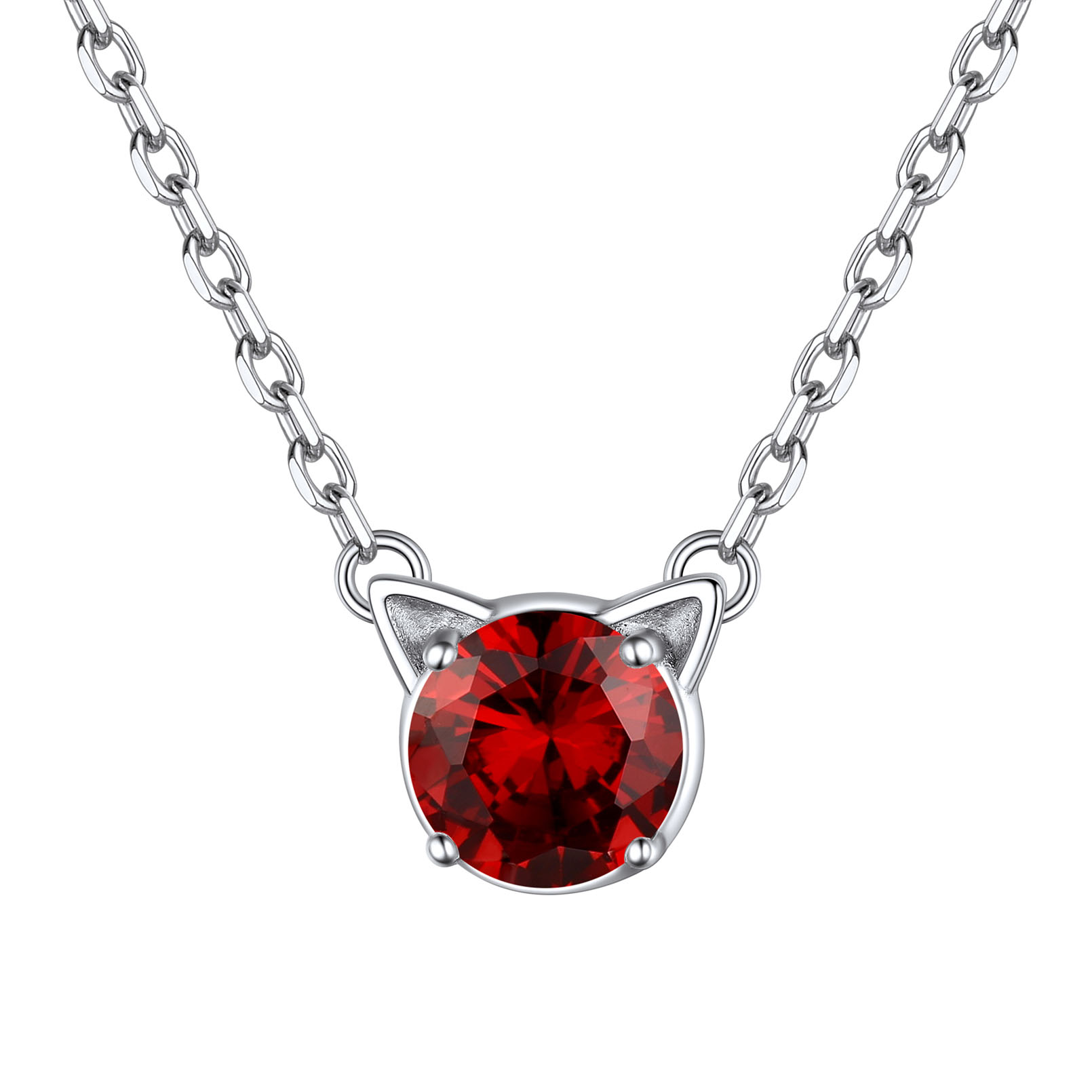 Cute Cat Pendant Birthstone Necklace in Garnet