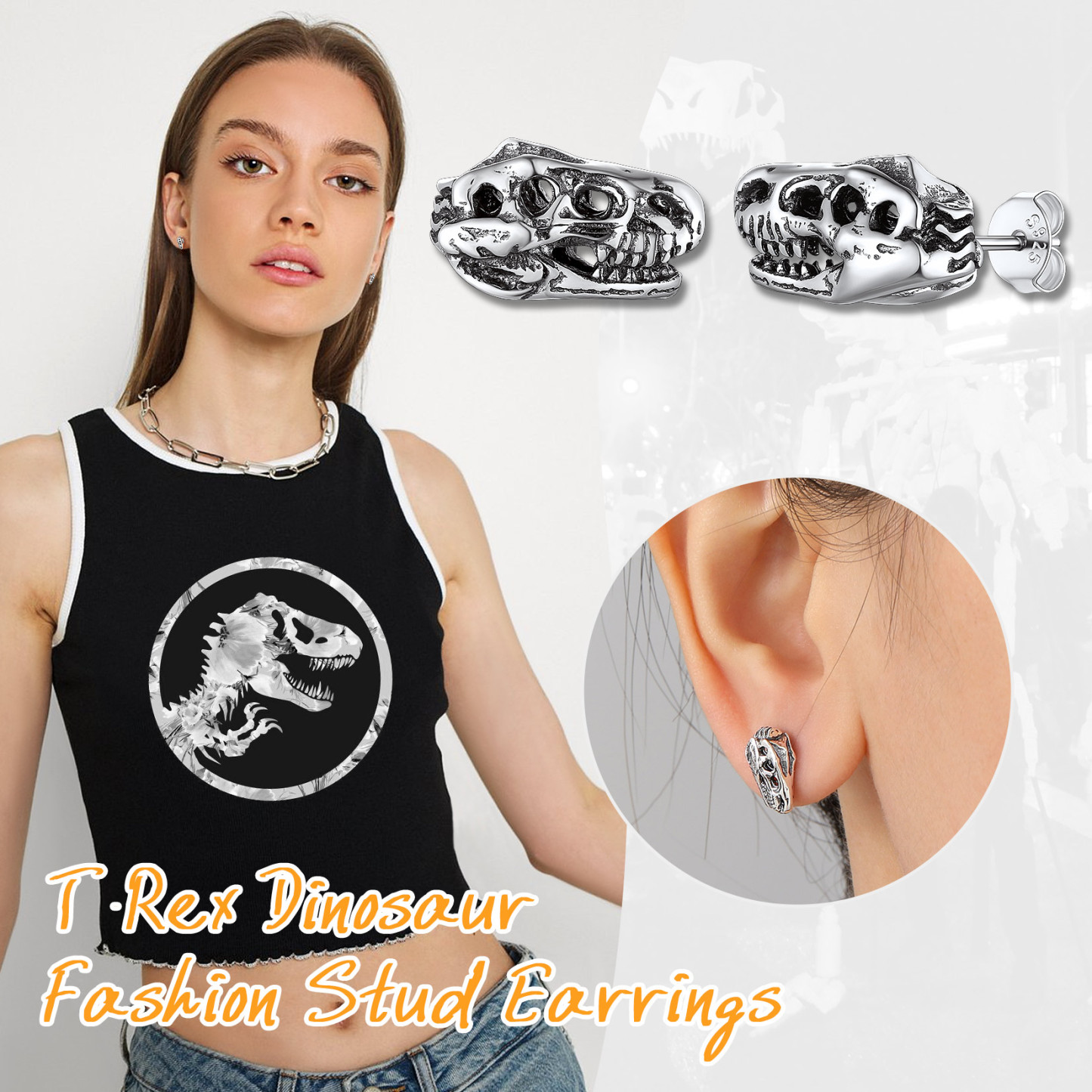 Dinosaur Head Skull Stud Earrings, Gothic Punk Jewelry