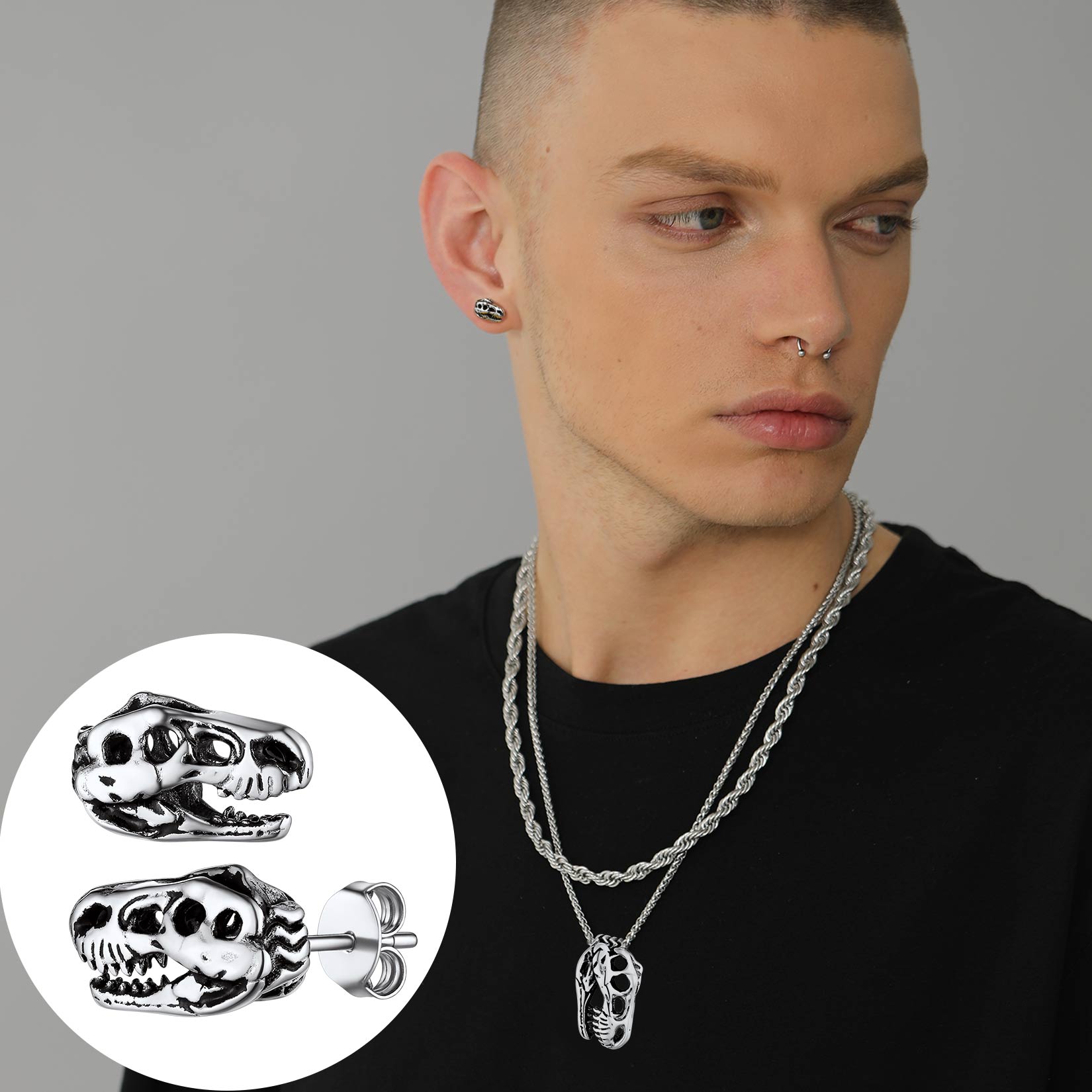 Dinosaur Head Skull Stud Earrings for Men