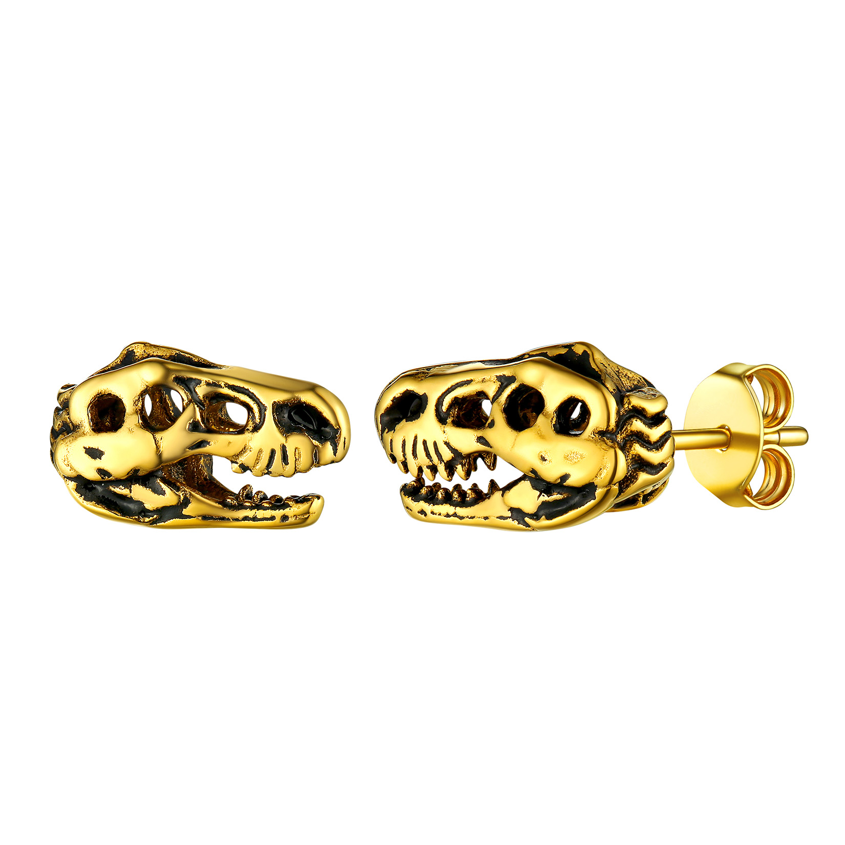 Dinosaur Head Skull Stud Earrings in 18K Gold Plated