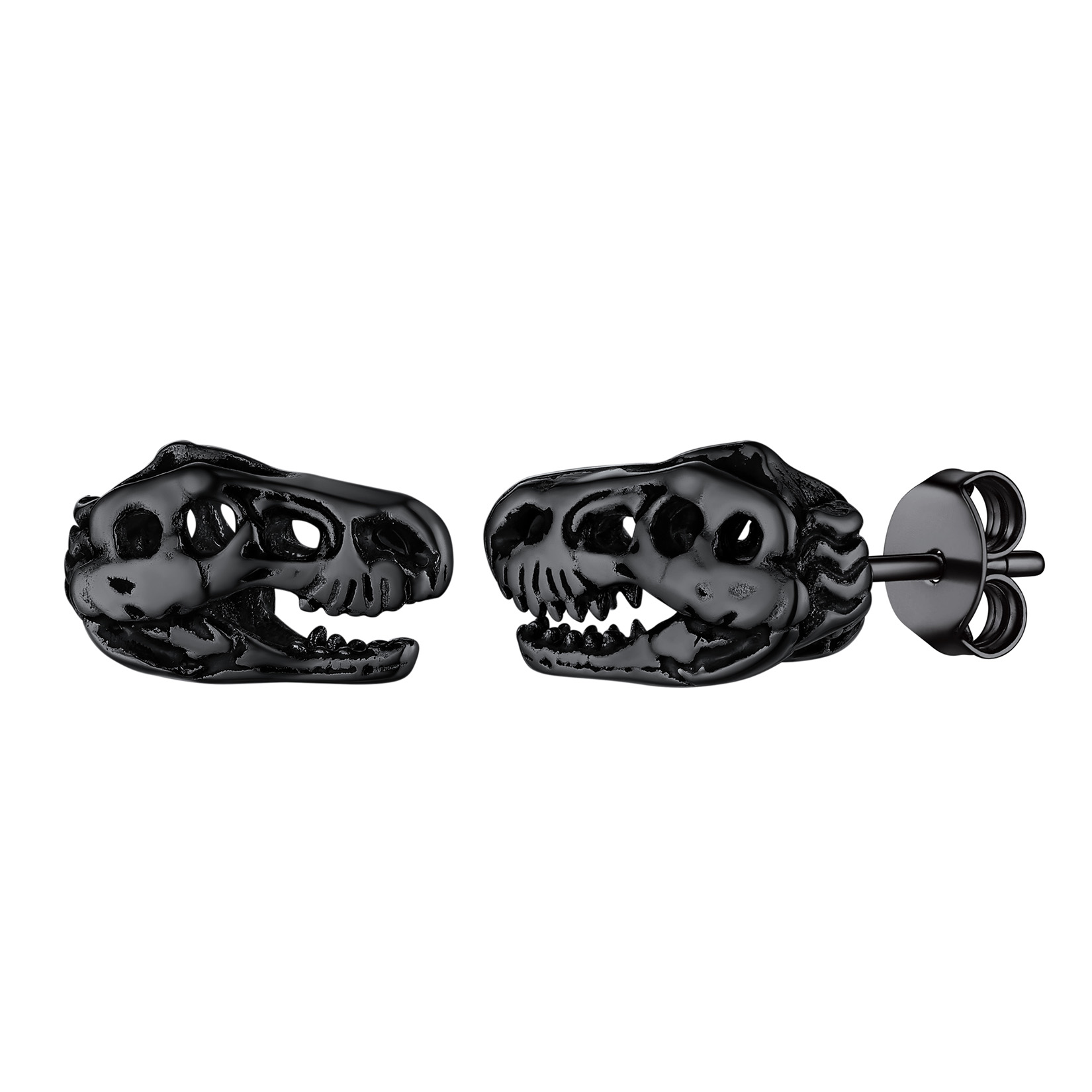 Dinosaur Head Skull Stud Earrings in Black  Plated