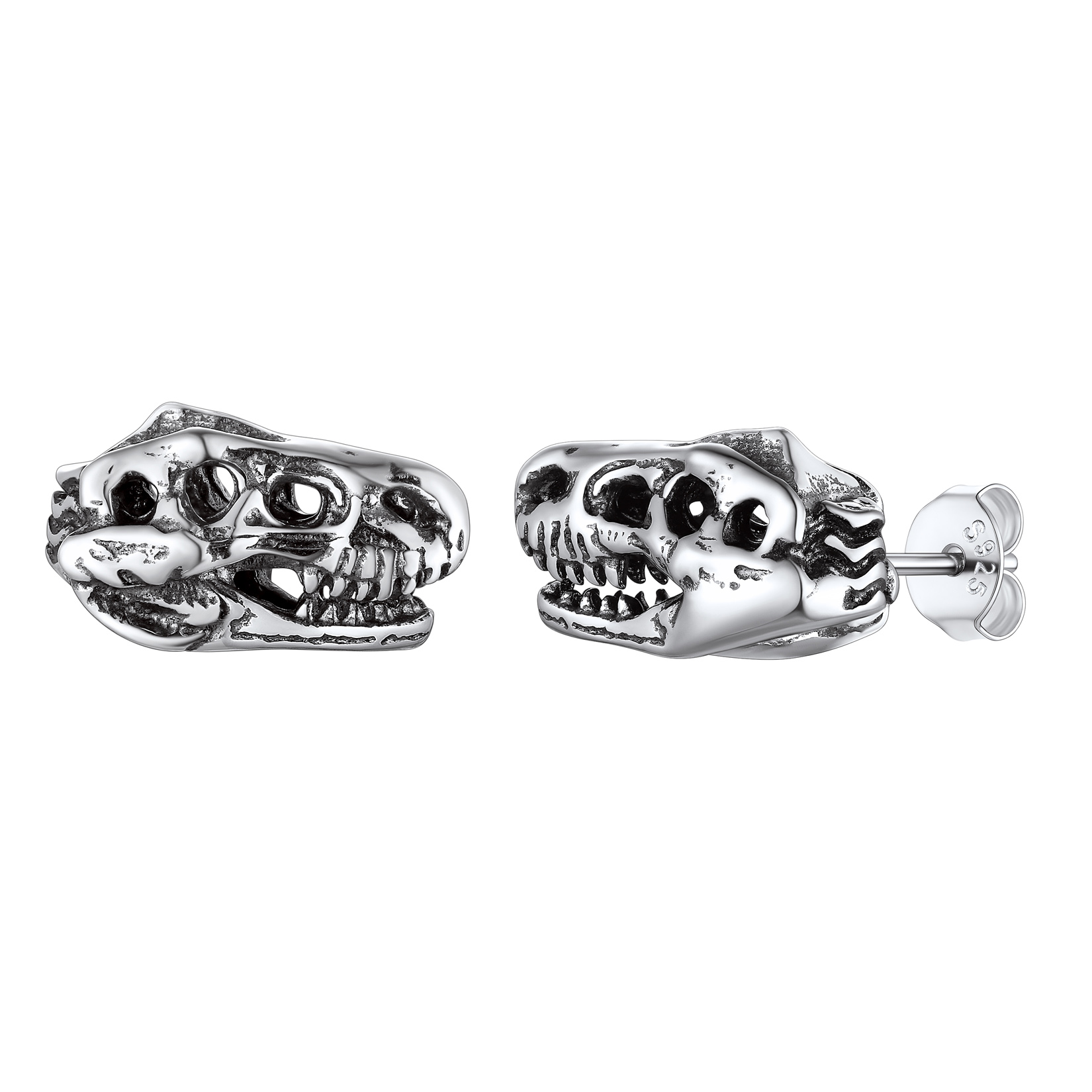 Dinosaur Head Skull Stud Earrings in Sterling Silver