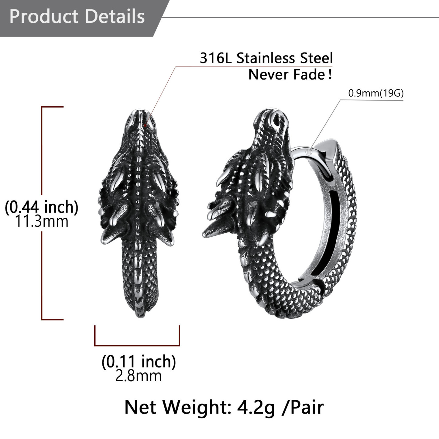 Dragon Huggie Hoop Details-Earrings Size, Weight