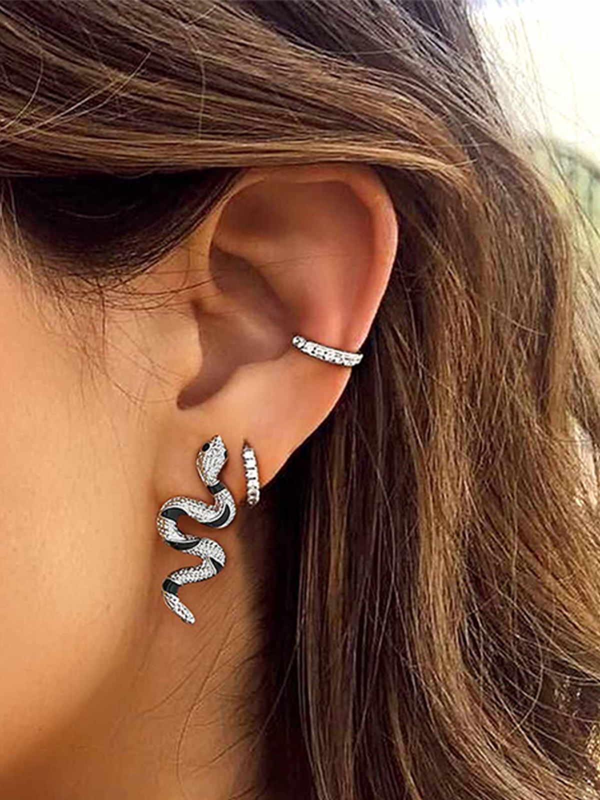 Snake Stud Earrings with Rhinestone in Platinum Plated
