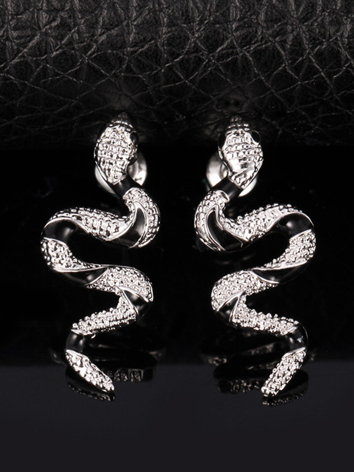Snake Stud Earrings with Rhinestone in Platinum Plated