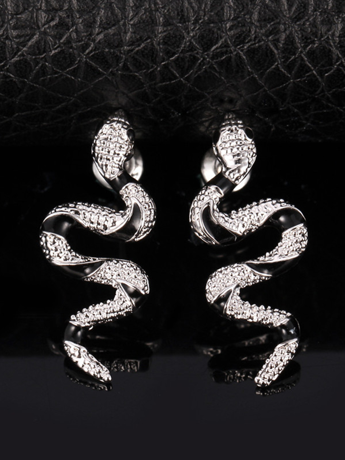 Snake Stud Earrings with Rhinestone in Platinum Plated