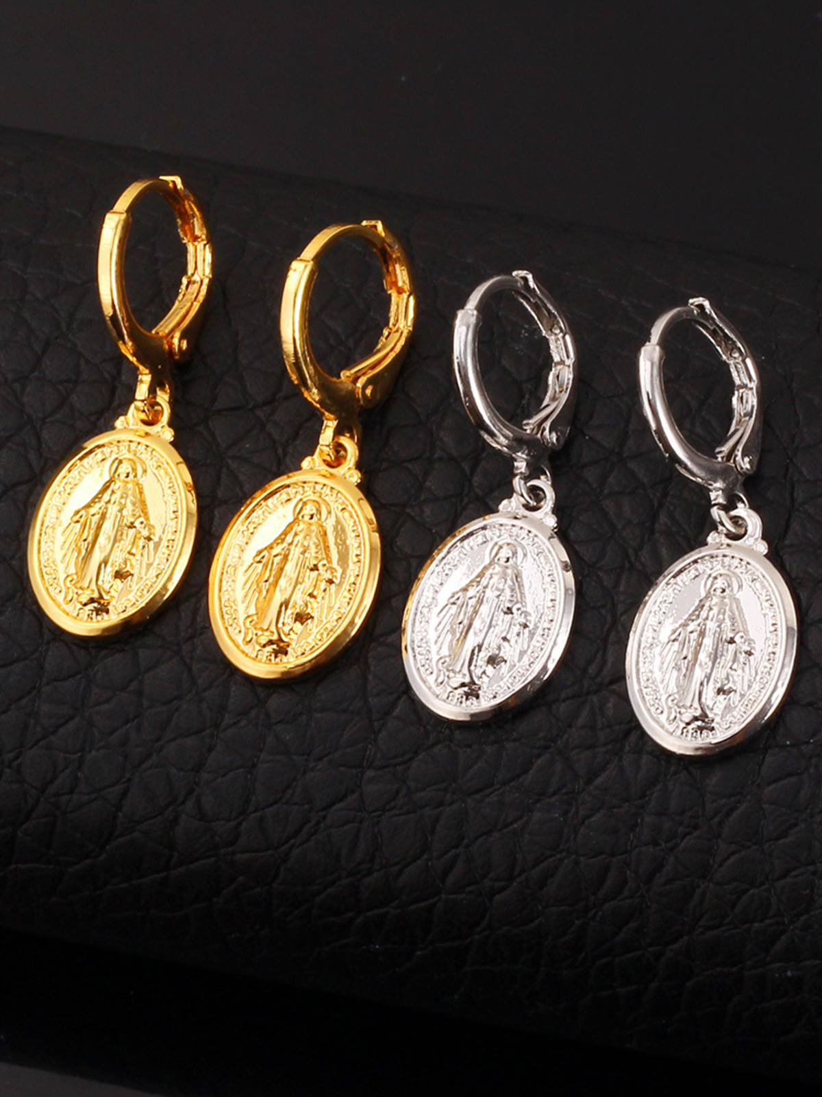 Virgin Mary Huggie Hoops Oval Miraculous Medal Earrings in 18K Gold