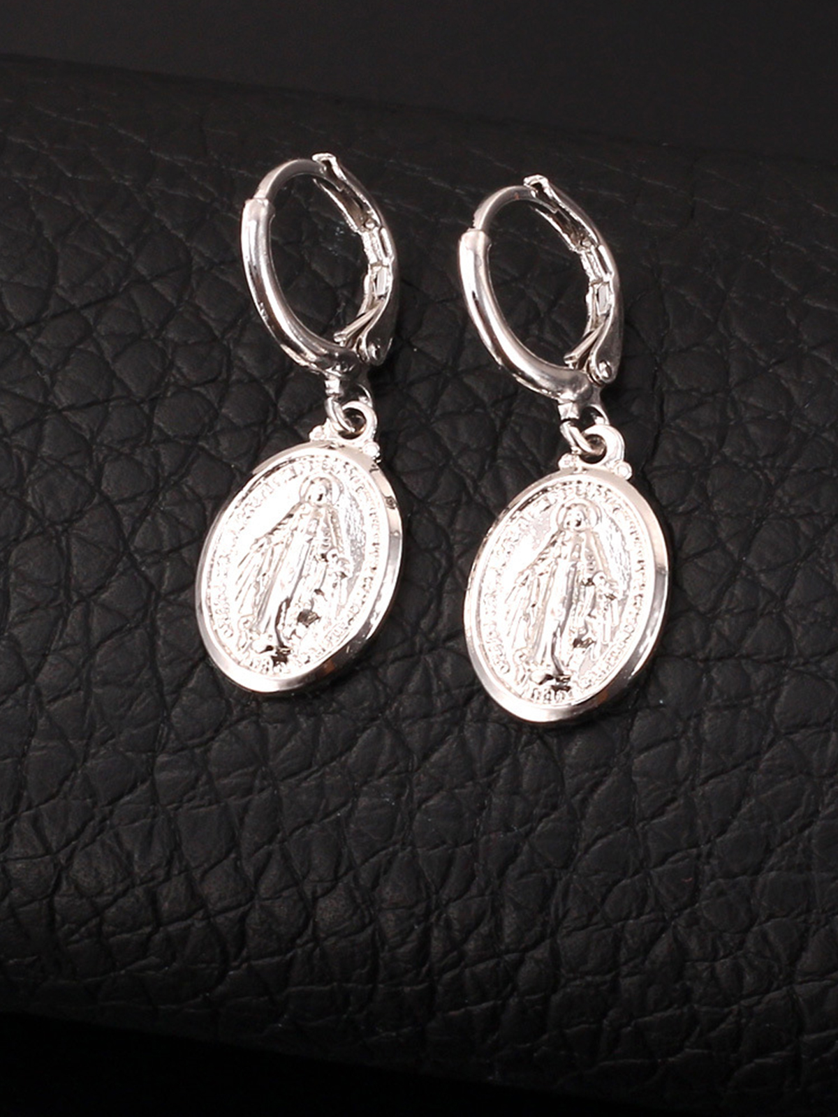 Virgin Mary Huggie Hoops Oval Miraculous Medal Earrings in Platinum