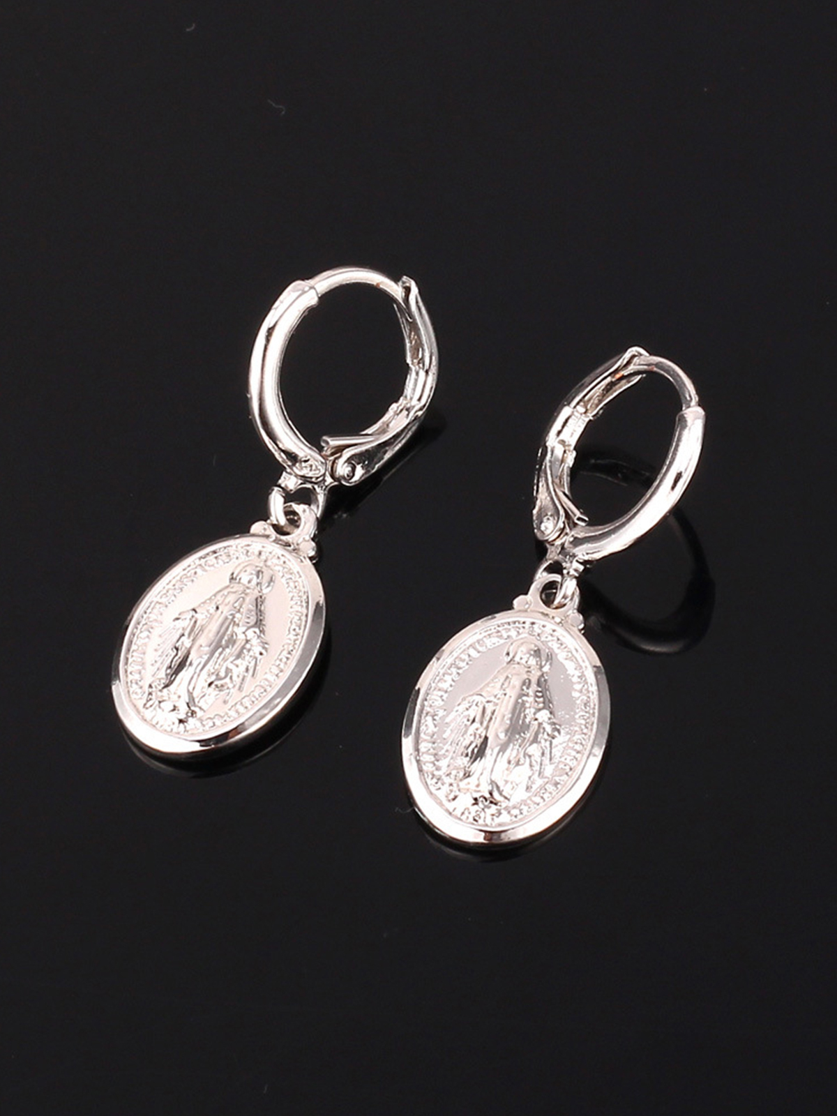 Virgin Mary Huggie Hoops Oval Miraculous Medal Earrings in Platinum