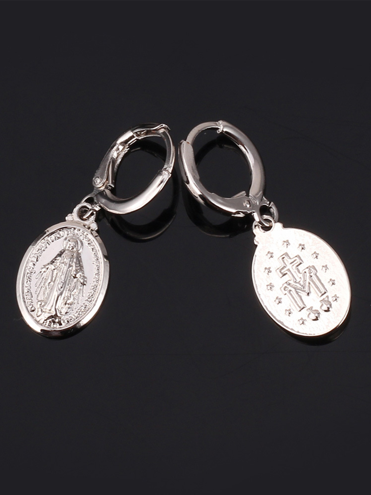 Virgin Mary Huggie Hoops Oval Miraculous Medal Earrings in Platinum