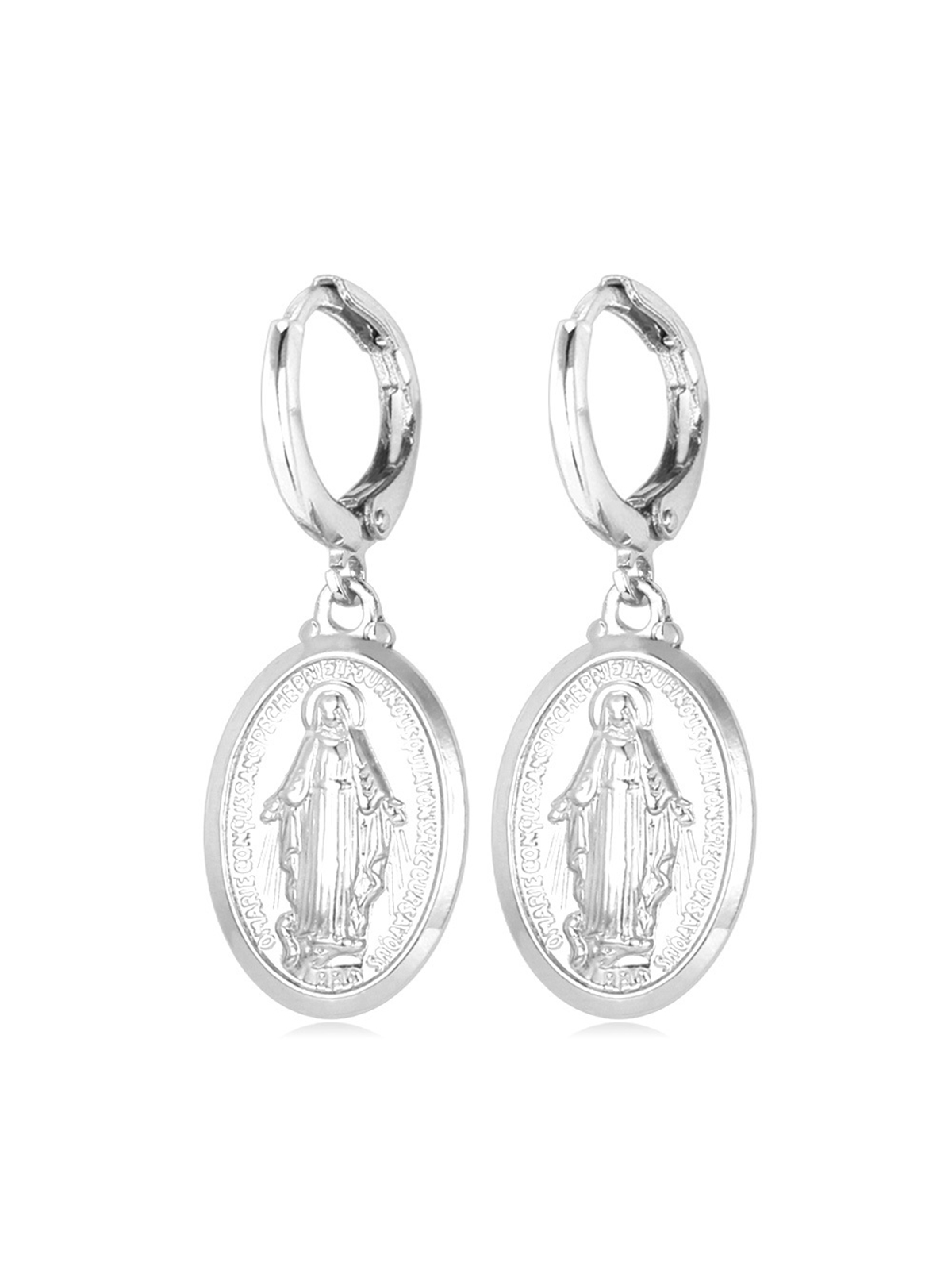 Virgin Mary Huggie Hoops Oval Miraculous Medal Earrings in Platinum