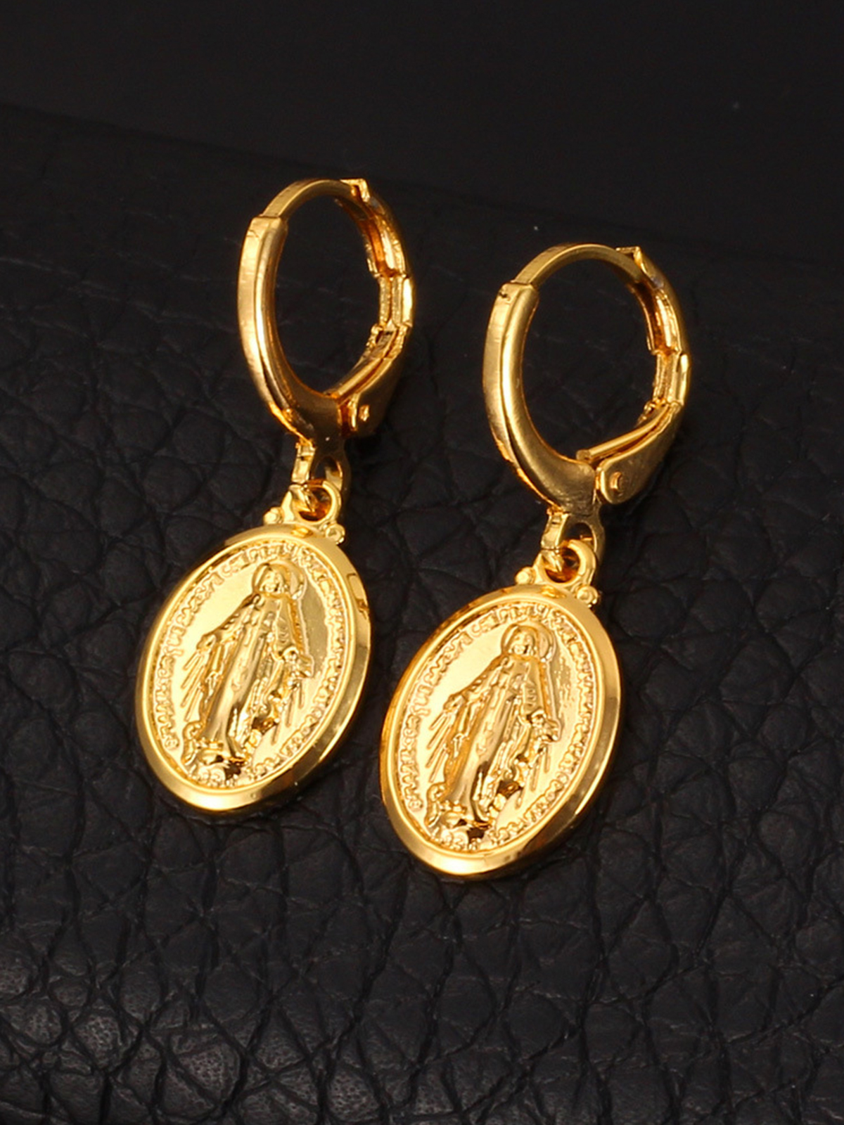 Virgin Mary Huggie Hoops Oval Miraculous Medal Earrings in 18K Gold