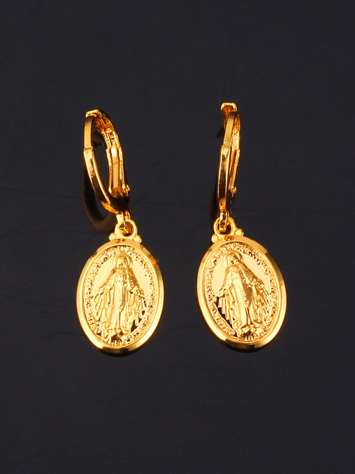 Virgin Mary Huggie Hoops Oval Miraculous Medal Earrings in 18K Gold