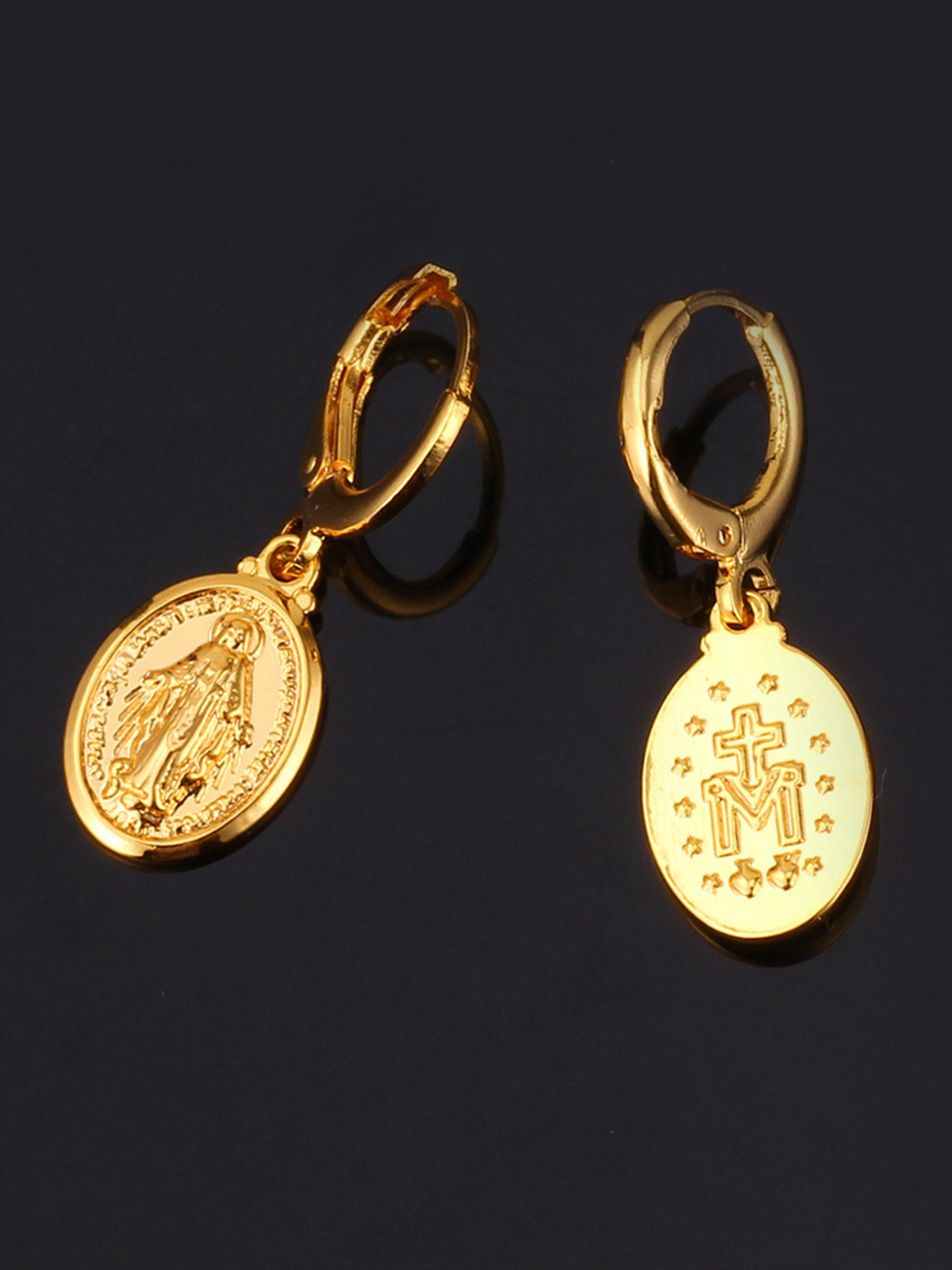 Virgin Mary Huggie Hoops Oval Miraculous Medal Earrings in 18K Gold