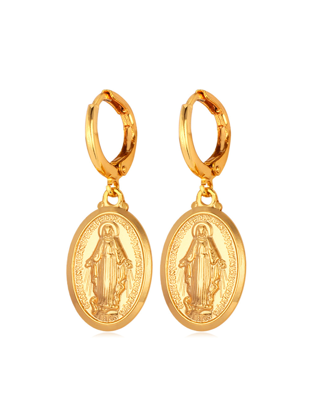Virgin Mary Huggie Hoops Oval Miraculous Medal Earrings in 18K Gold