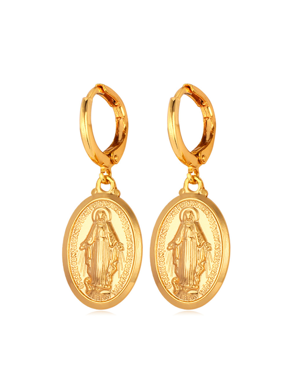 Virgin Mary Huggie Hoops Oval Miraculous Medal Earrings in 18K Gold