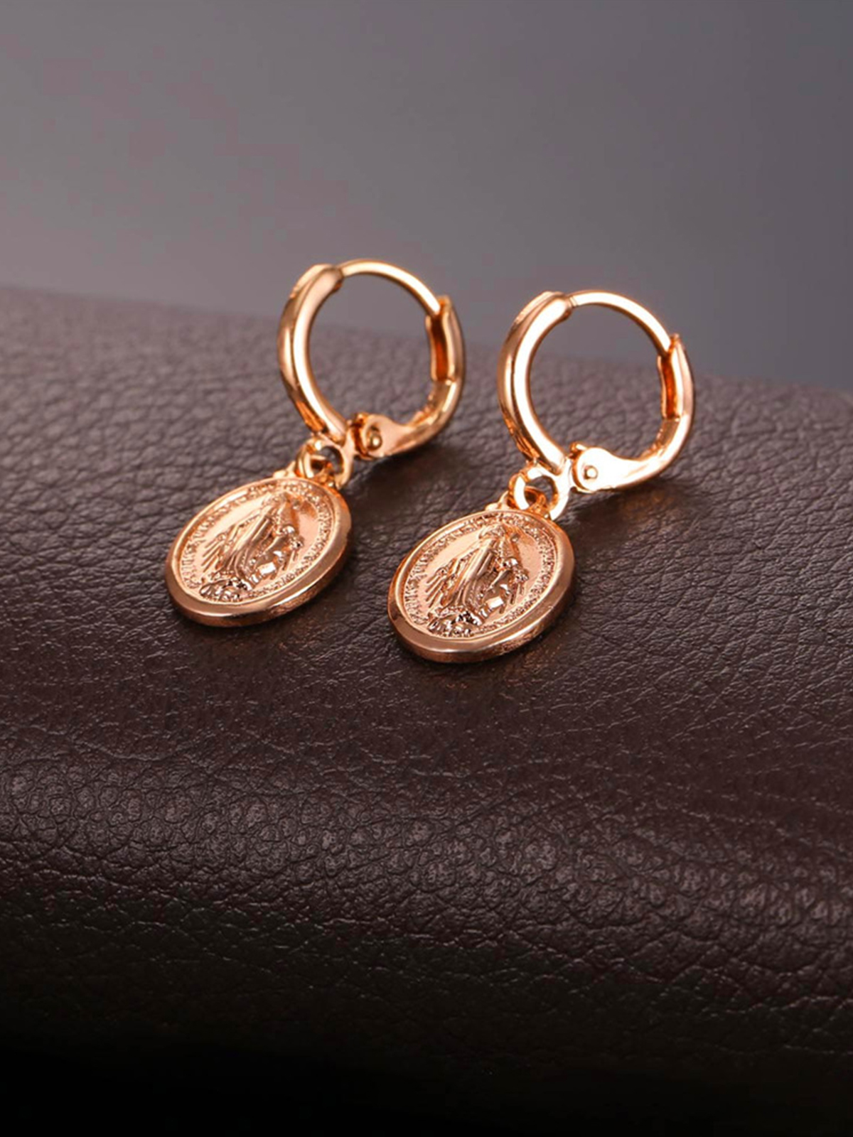 Virgin Mary Huggie Hoops Oval Miraculous Medal Earrings in Rose Gold