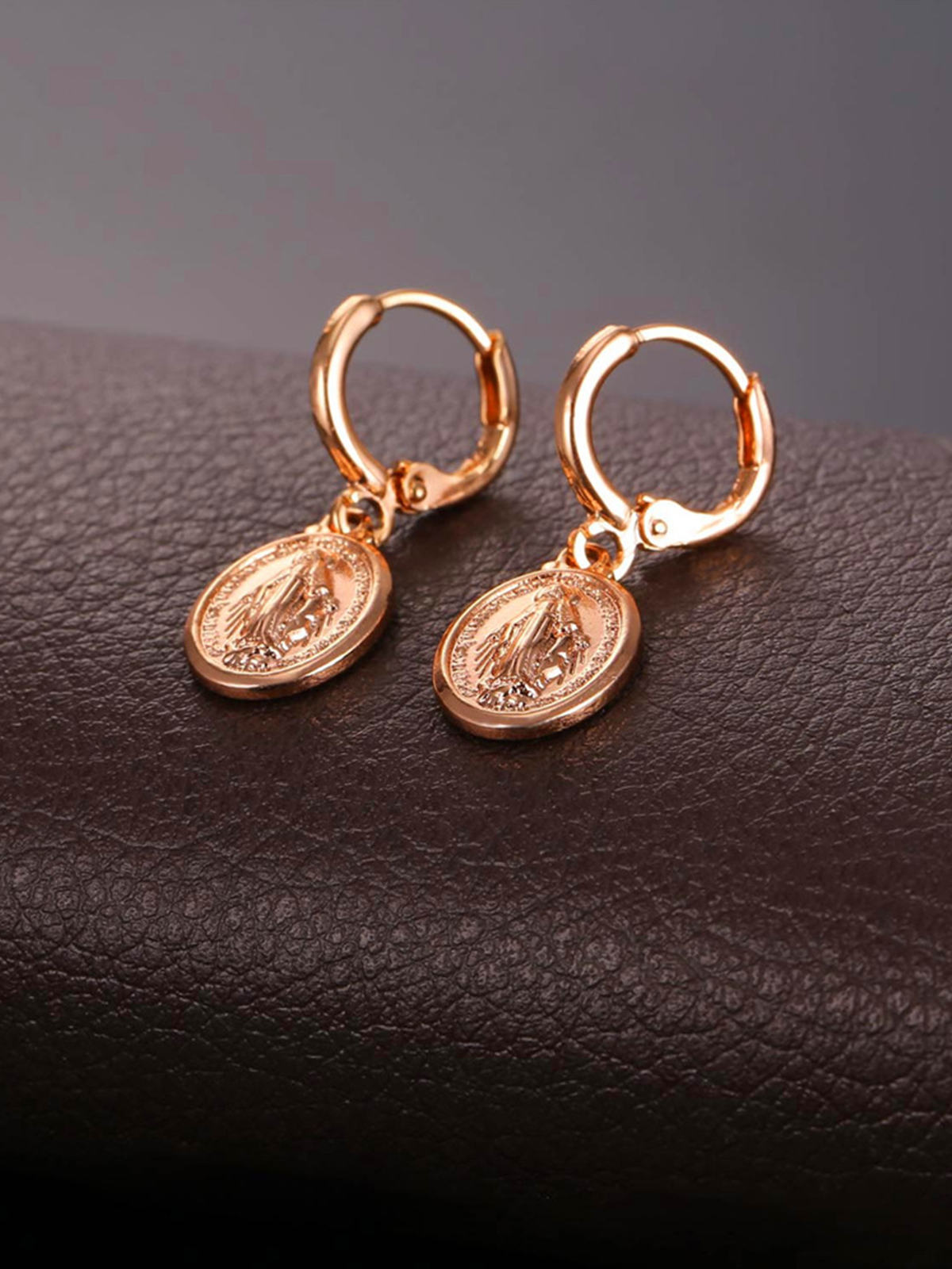 Virgin Mary Huggie Hoops Oval Miraculous Medal Earrings in Rose Gold