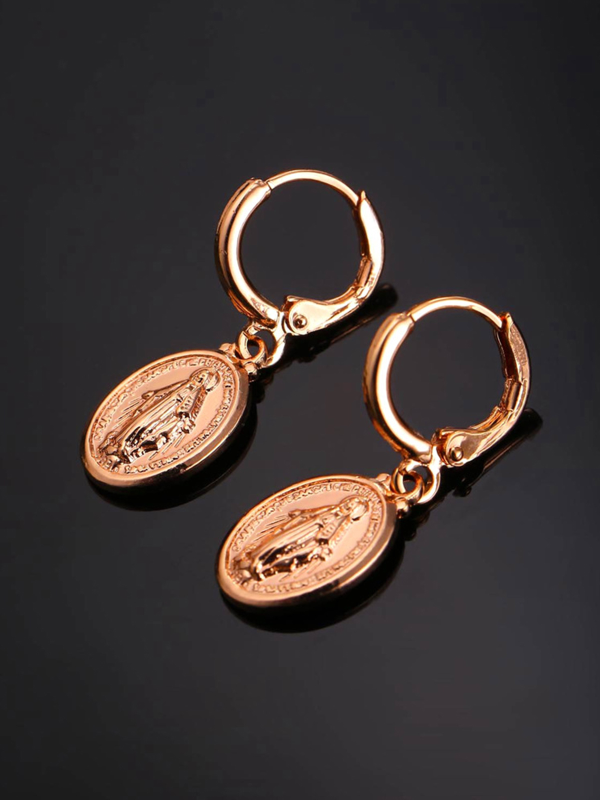 Virgin Mary Huggie Hoops Oval Miraculous Medal Earrings in Rose Gold