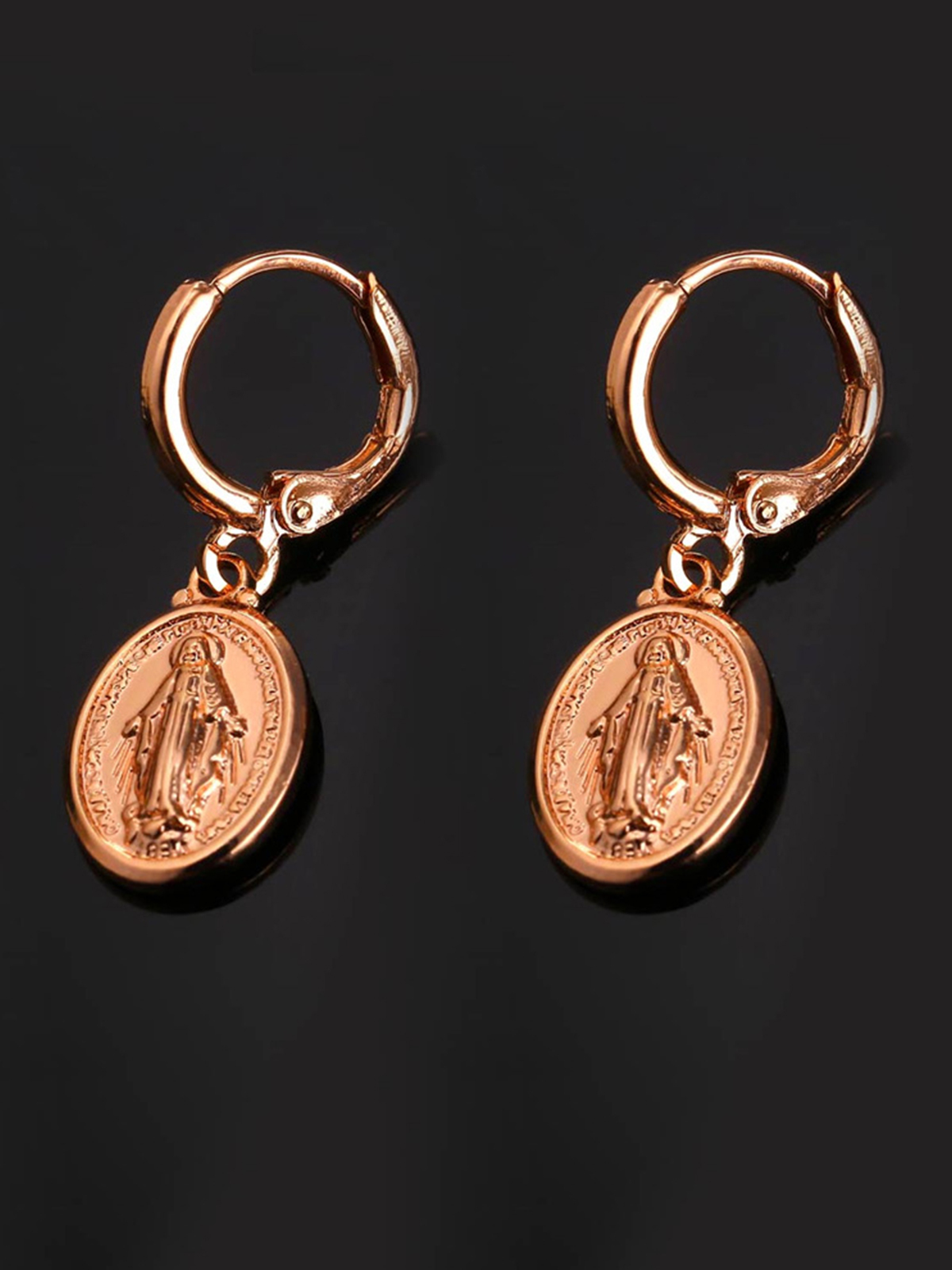 Virgin Mary Huggie Hoops Oval Miraculous Medal Earrings in Rose Gold