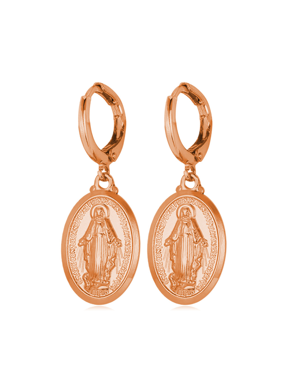 Virgin Mary Huggie Hoops Oval Miraculous Medal Earrings in Rose Gold