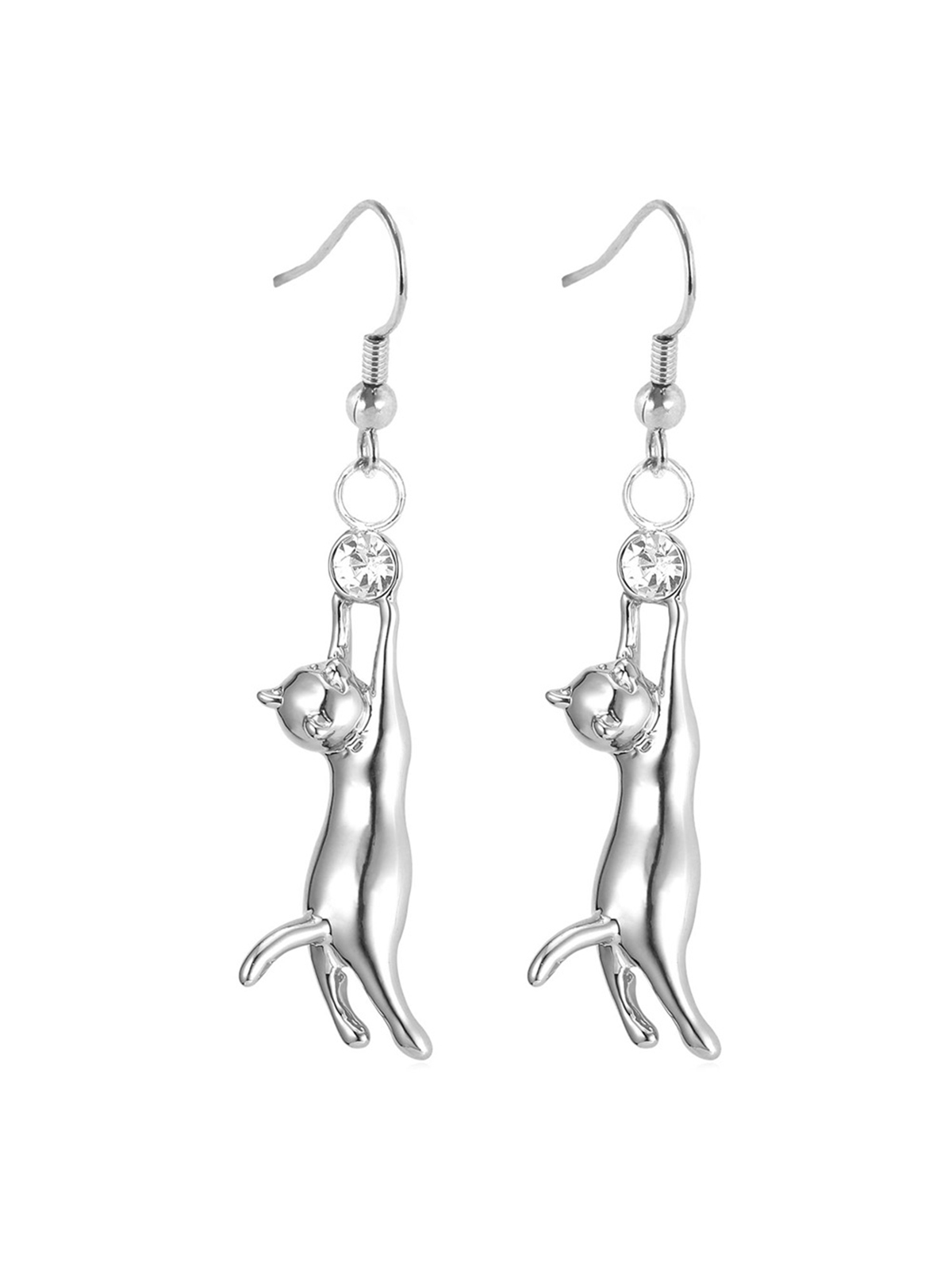Cute Cat Dangle Drop Earrings With Rhinestone in Platinum