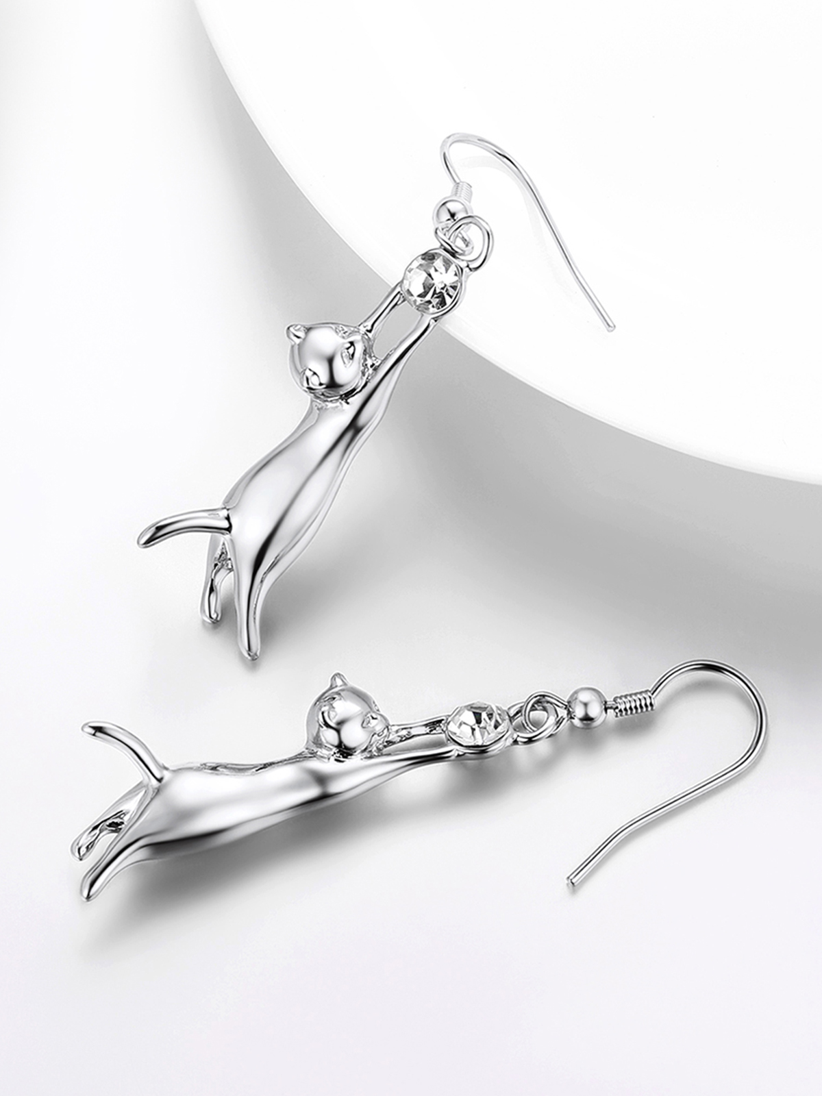 Cute Cat Dangle Drop Earrings With Rhinestone in Platinum