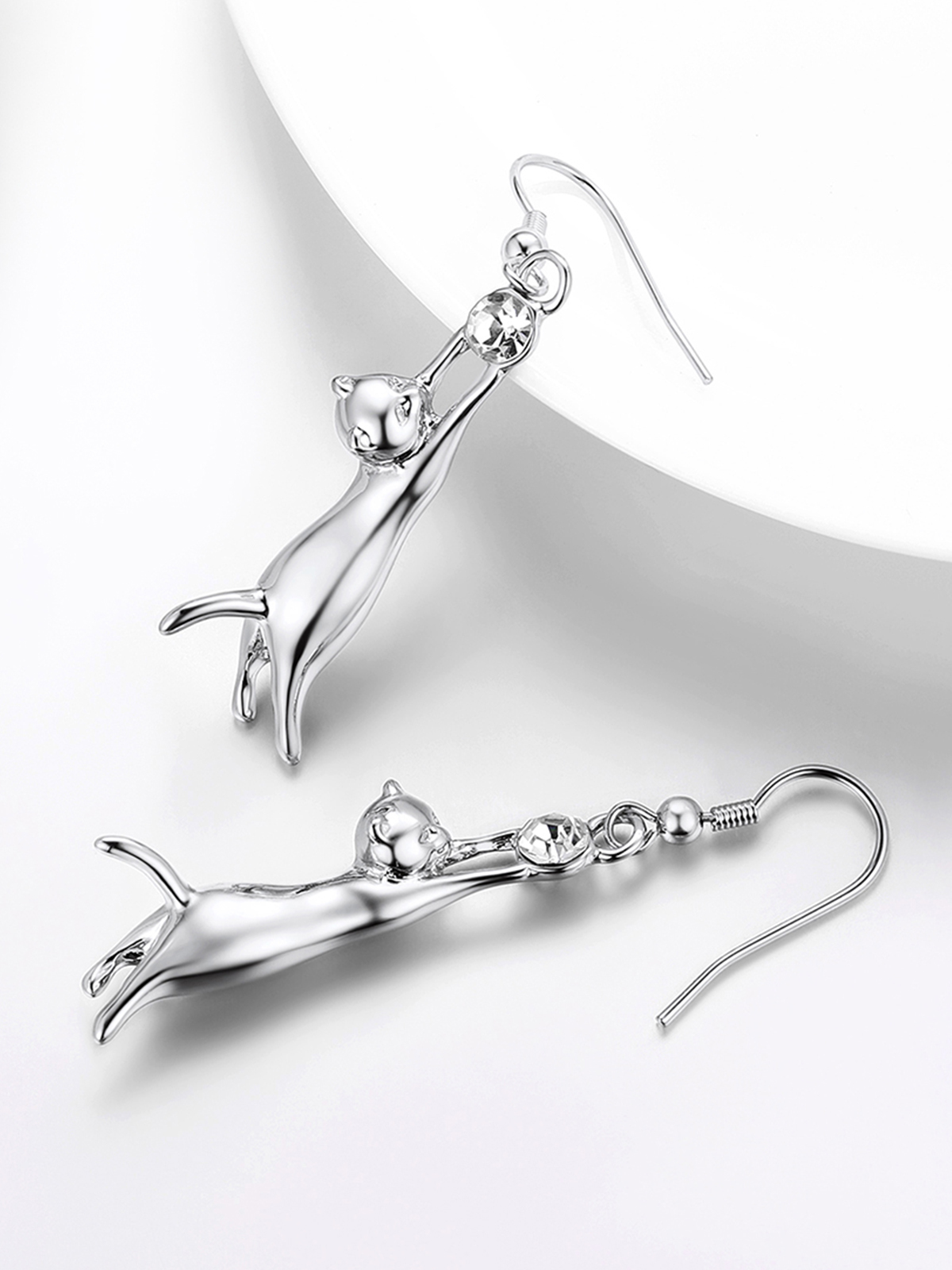 Cute Cat Dangle Drop Earrings With Rhinestone in Platinum