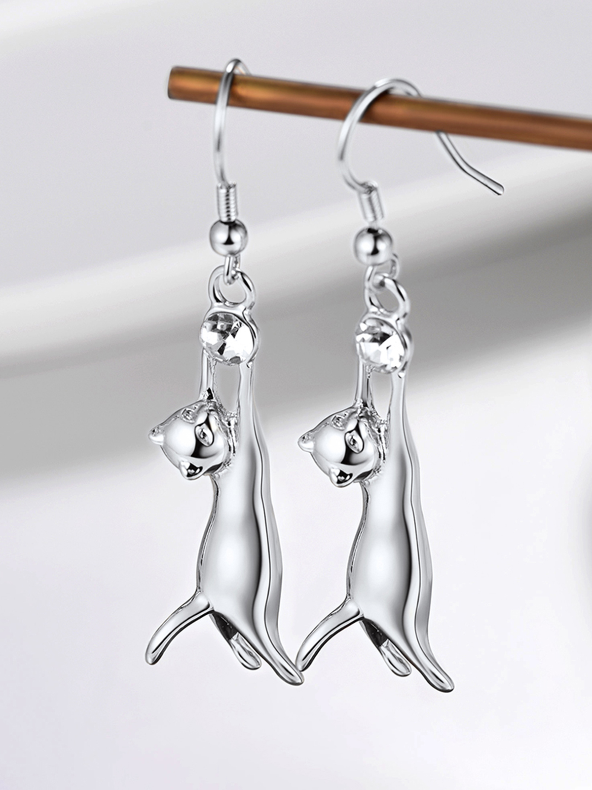 Cute Cat Dangle Drop Earrings With Rhinestone in Platinum