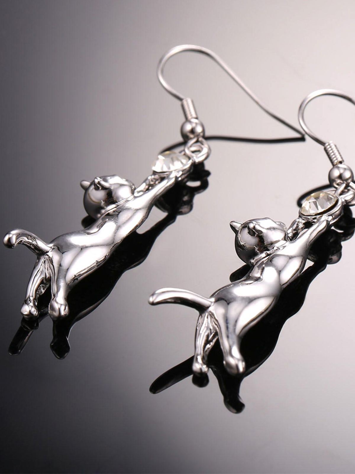 Cute Cat Dangle Drop Earrings With Rhinestone in Platinum