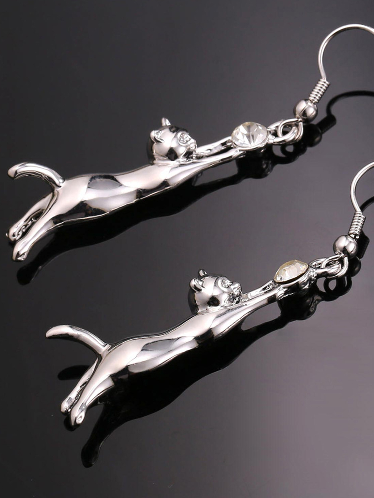 Cute Cat Dangle Drop Earrings With Rhinestone in Platinum