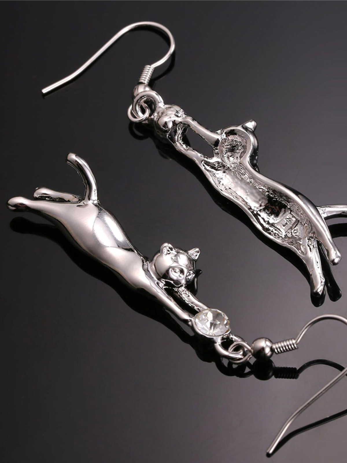 Cute Cat Dangle Drop Earrings With Rhinestone in Platinum