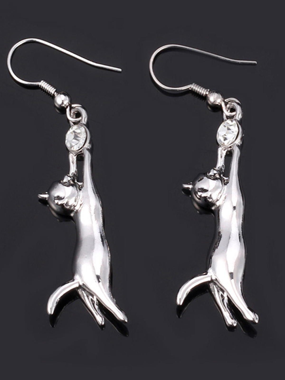 Cute Cat Dangle Drop Earrings With Rhinestone in Platinum