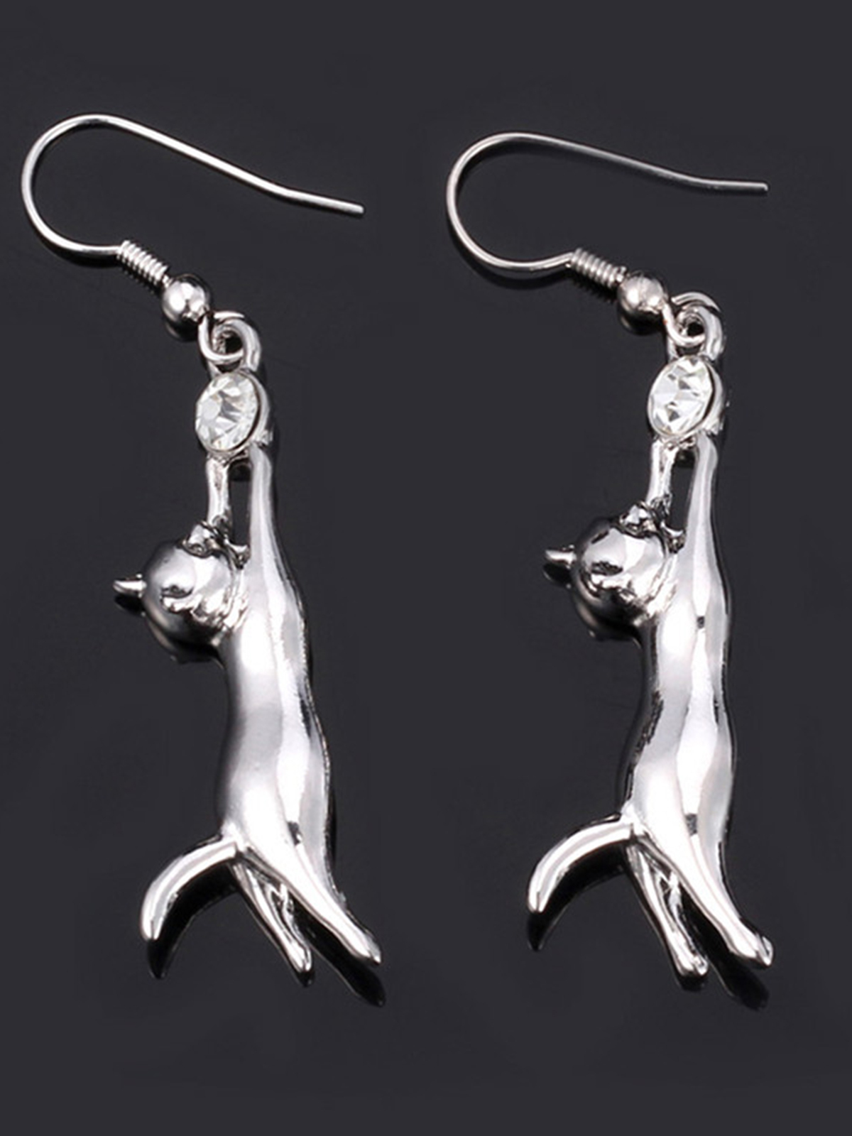 Cute Cat Dangle Drop Earrings With Rhinestone in Platinum