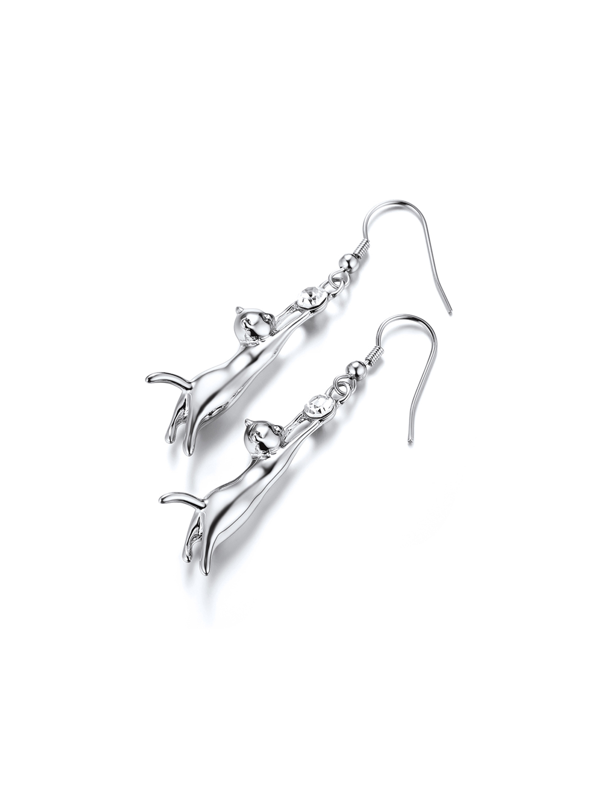 Cute Cat Dangle Drop Earrings With Rhinestone in Platinum