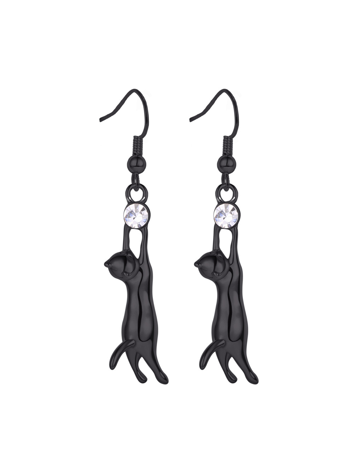 Cute Cat Dangle Drop Earrings With Rhinestone in Black