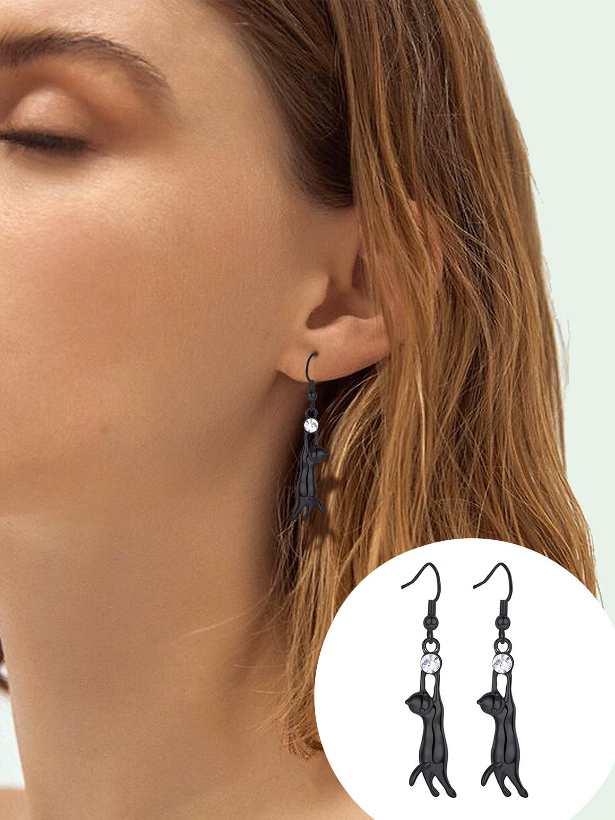 Cute Cat Dangle Drop Earrings With Rhinestone in Black