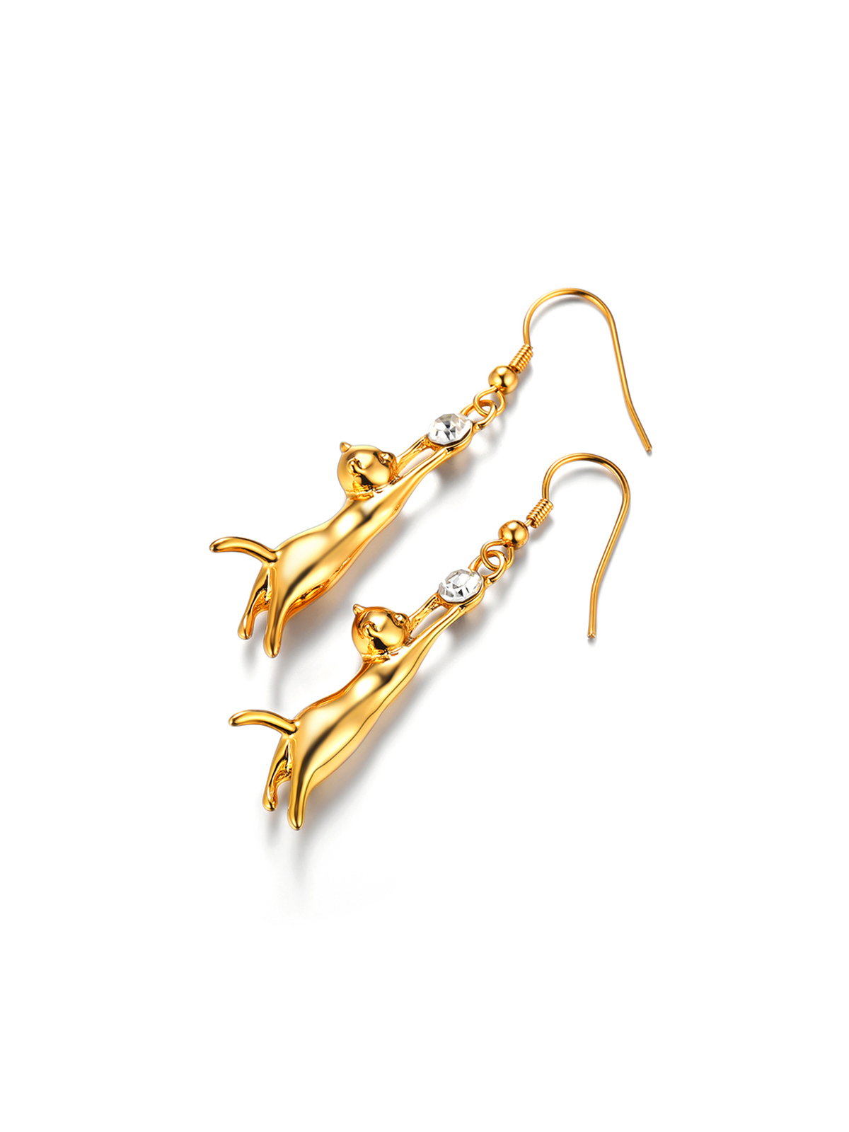 Cute Cat Dangle Drop Earrings With Rhinestone in 18K Gold