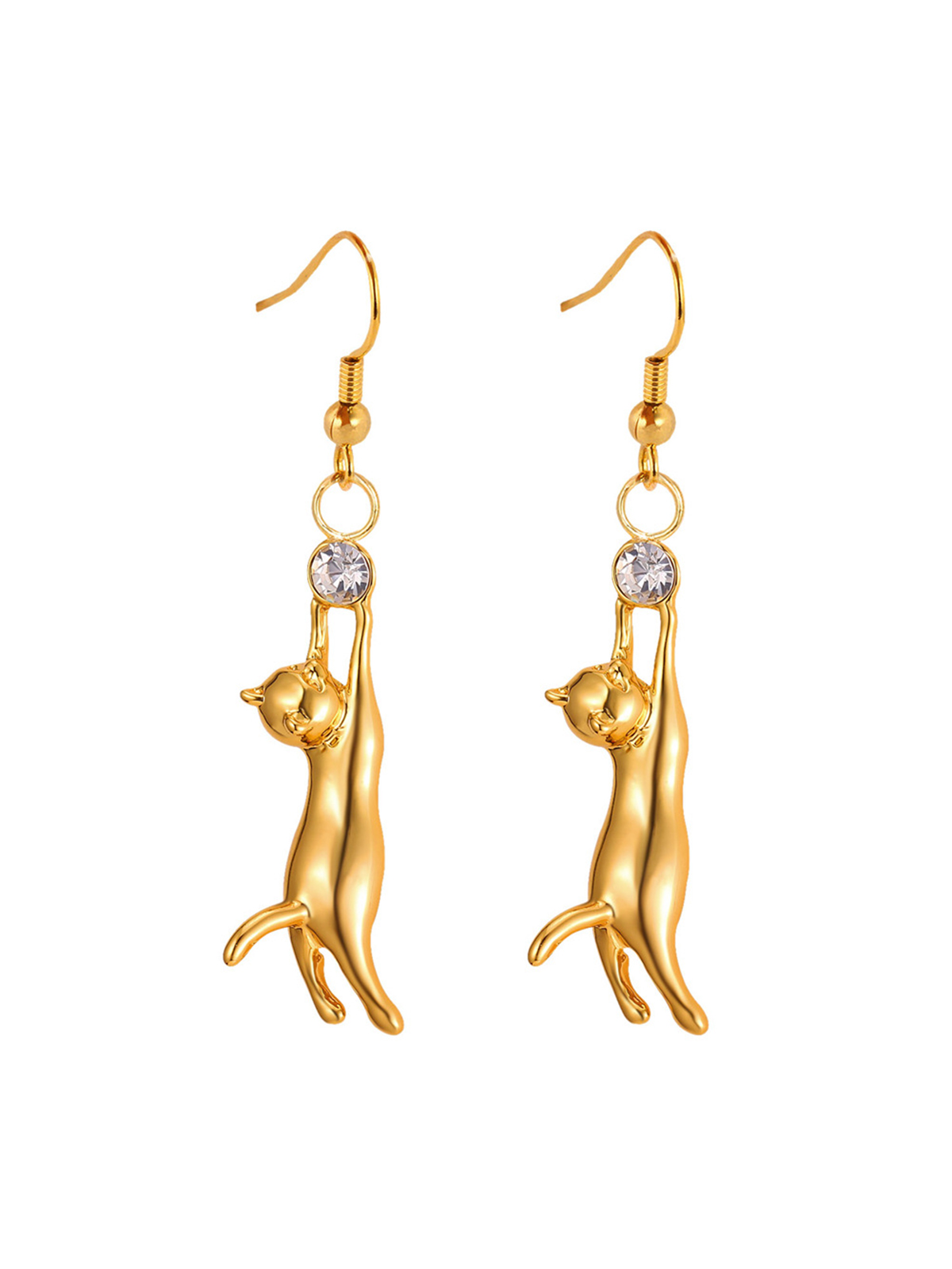 Cute Cat Dangle Drop Earrings With Rhinestone in 18K Gold