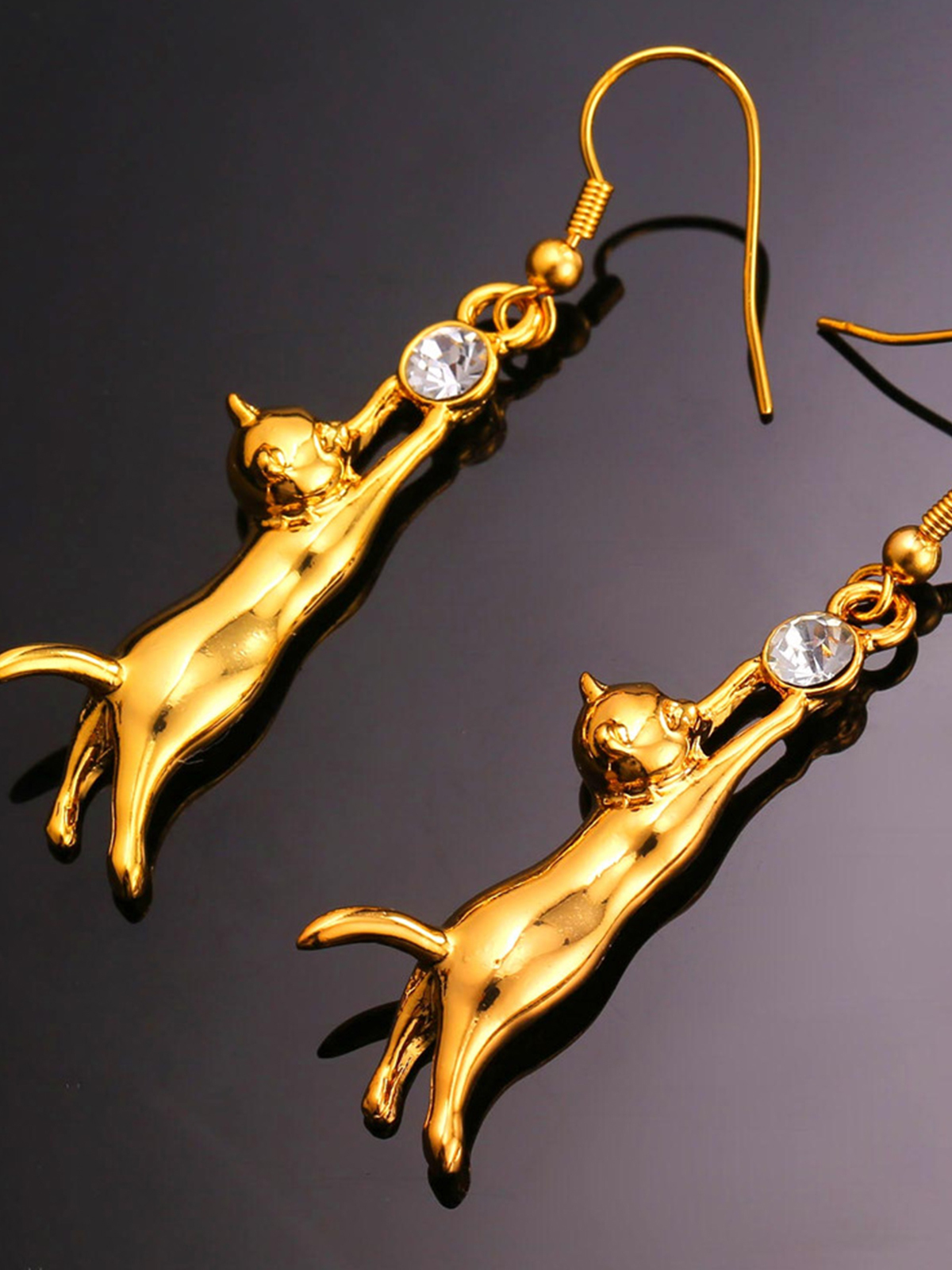 Cute Cat Dangle Drop Earrings With Rhinestone in 18K Gold