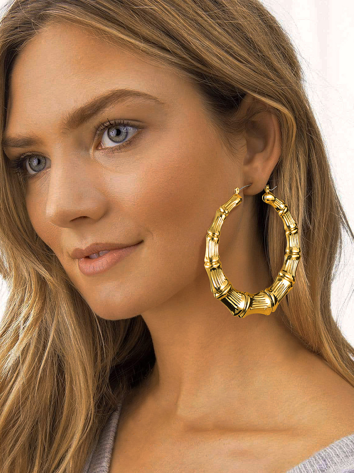 70mm Large Hoop Bamboo Earrings in 18K Gold