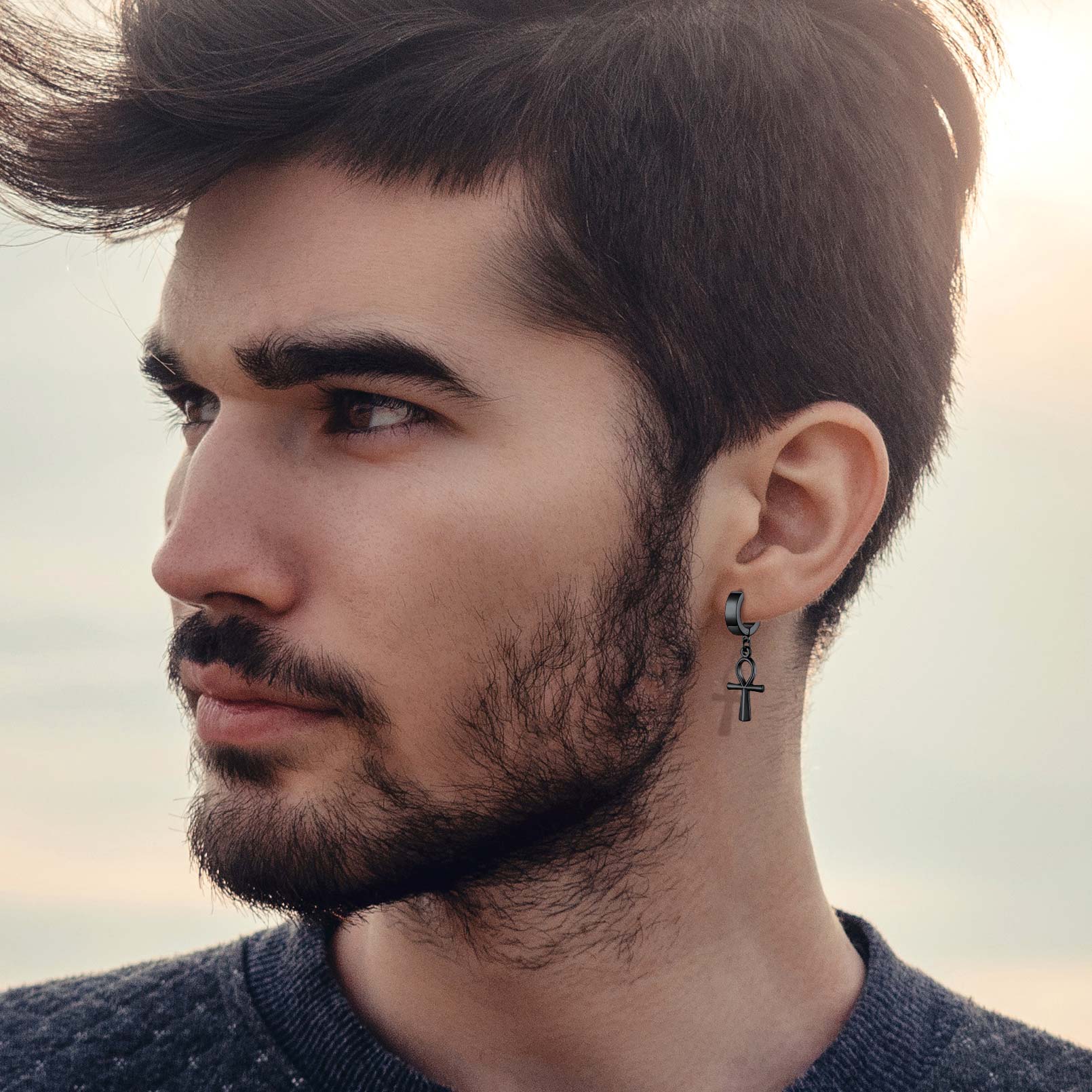Egyptian Ankh Cross Huggie Hoop Earrings for Men