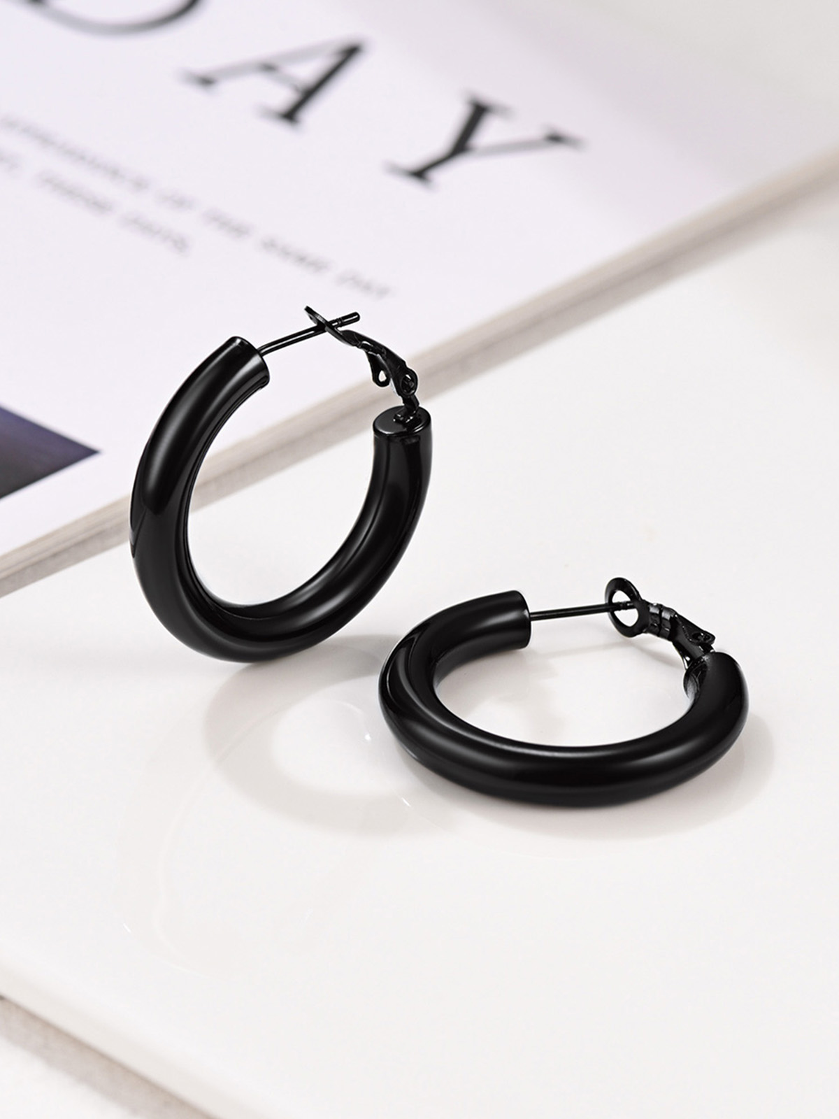 Chunky Hoop Earrings in Black Plated
