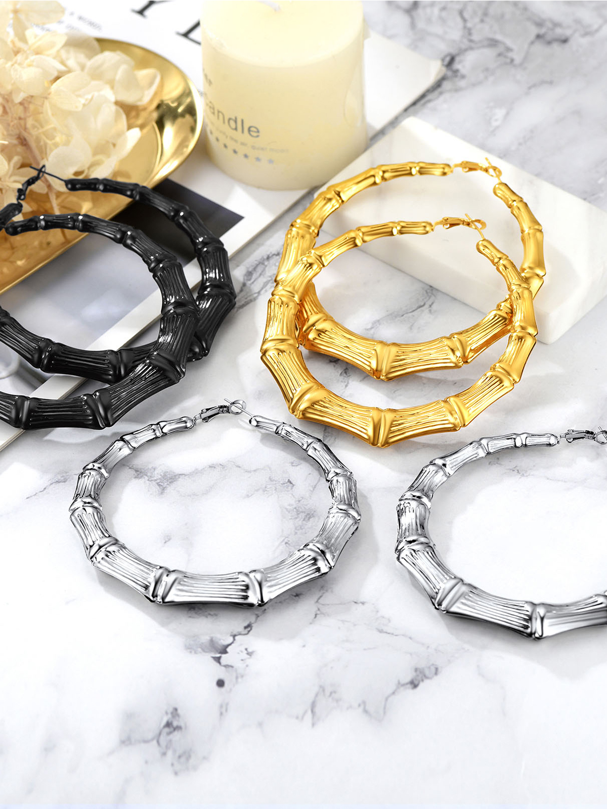 Bamboo Hoop Earrings in 18K Gold Plated