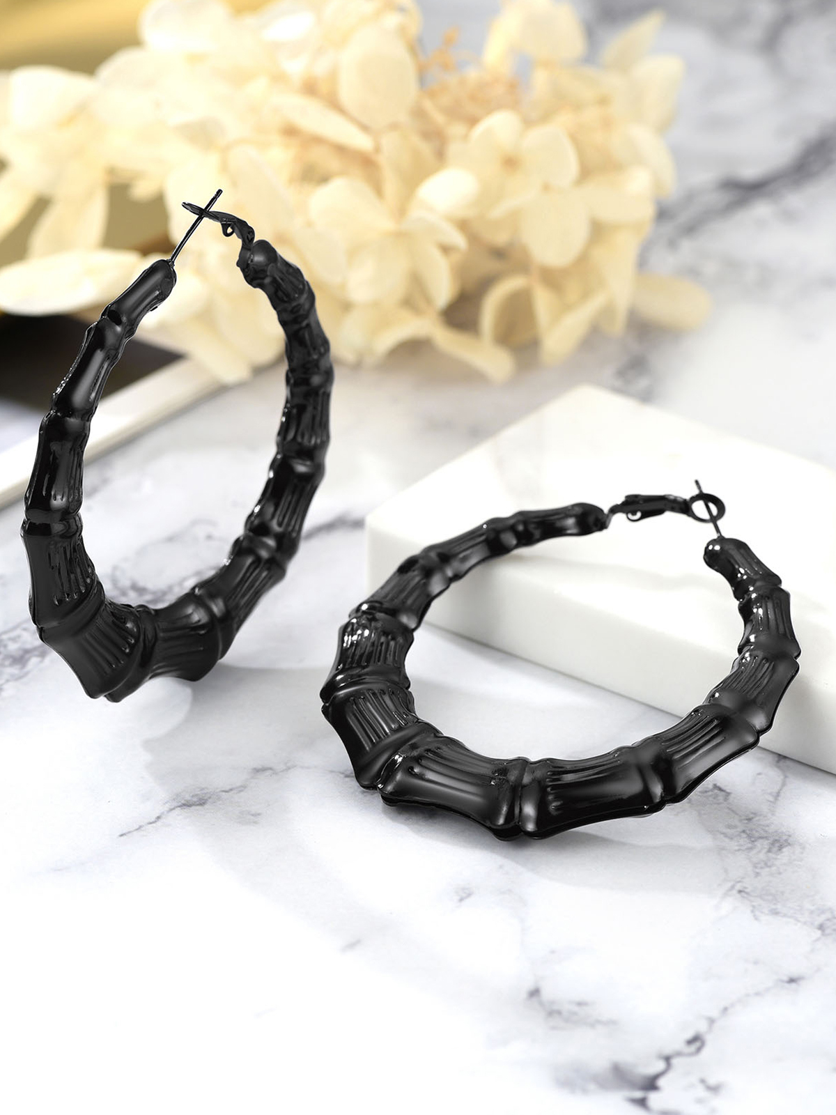 Bamboo Hoop Earrings in Black Plated