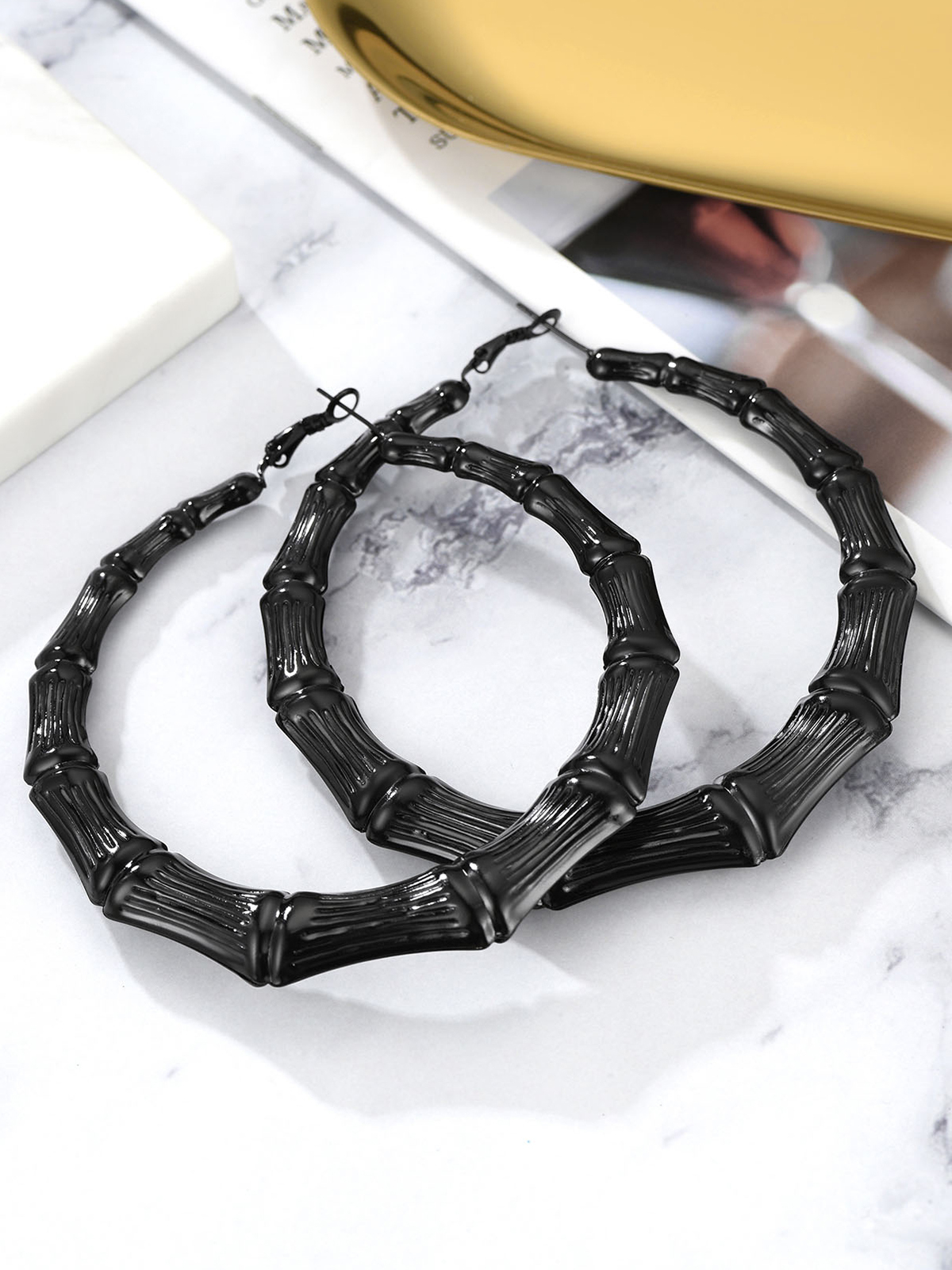 Bamboo Hoop Earrings in Black Plated