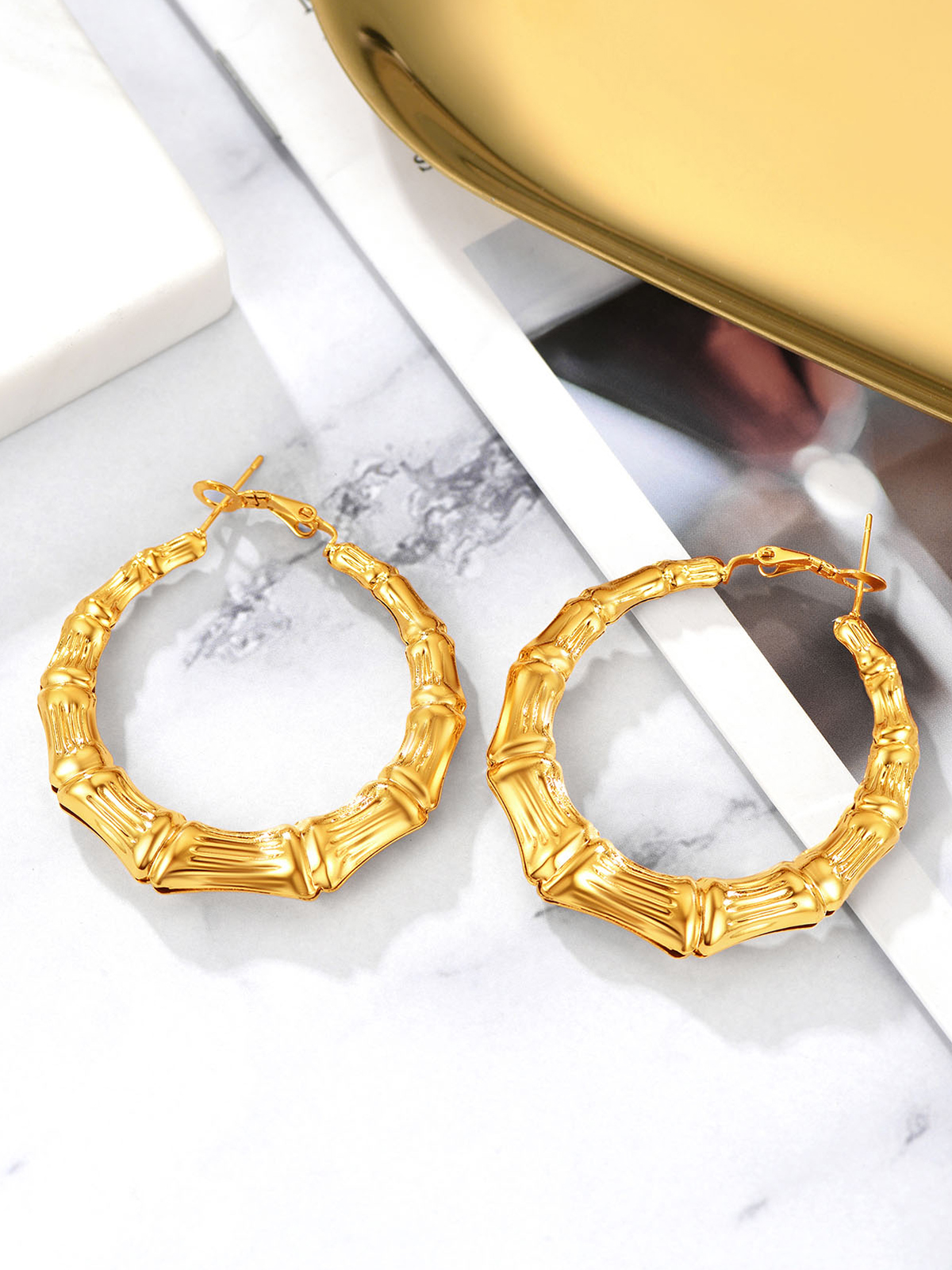 Bamboo Hoop Earrings in 18K Gold Plated