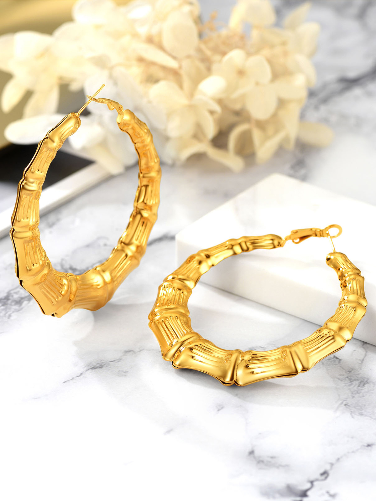 Bamboo Hoop Earrings in 18K Gold Plated